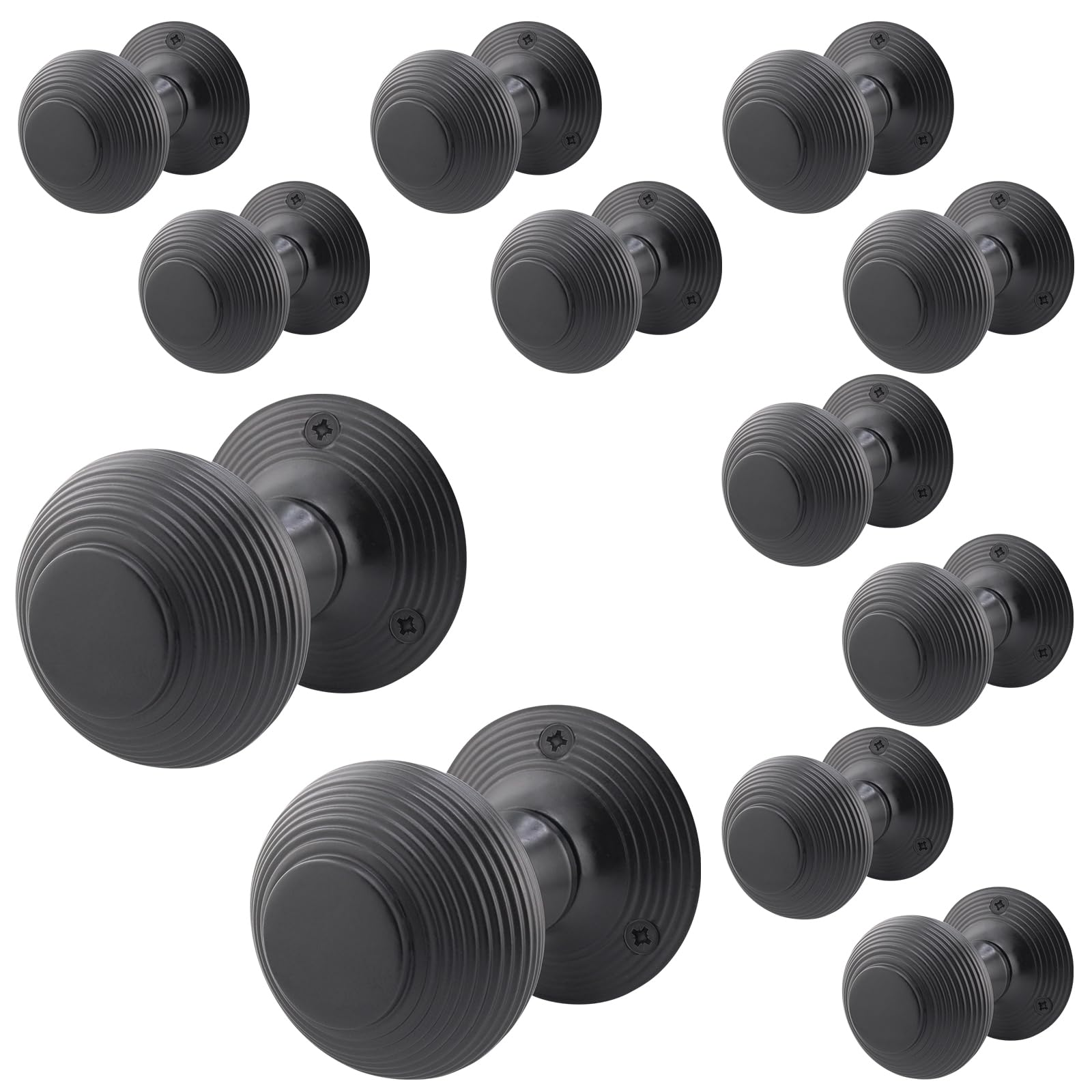 EAI Beehive Reeded Black Door Knobs | 6 Pairs of Matt Black Mortice Knobs (55mm) for Internal Doors