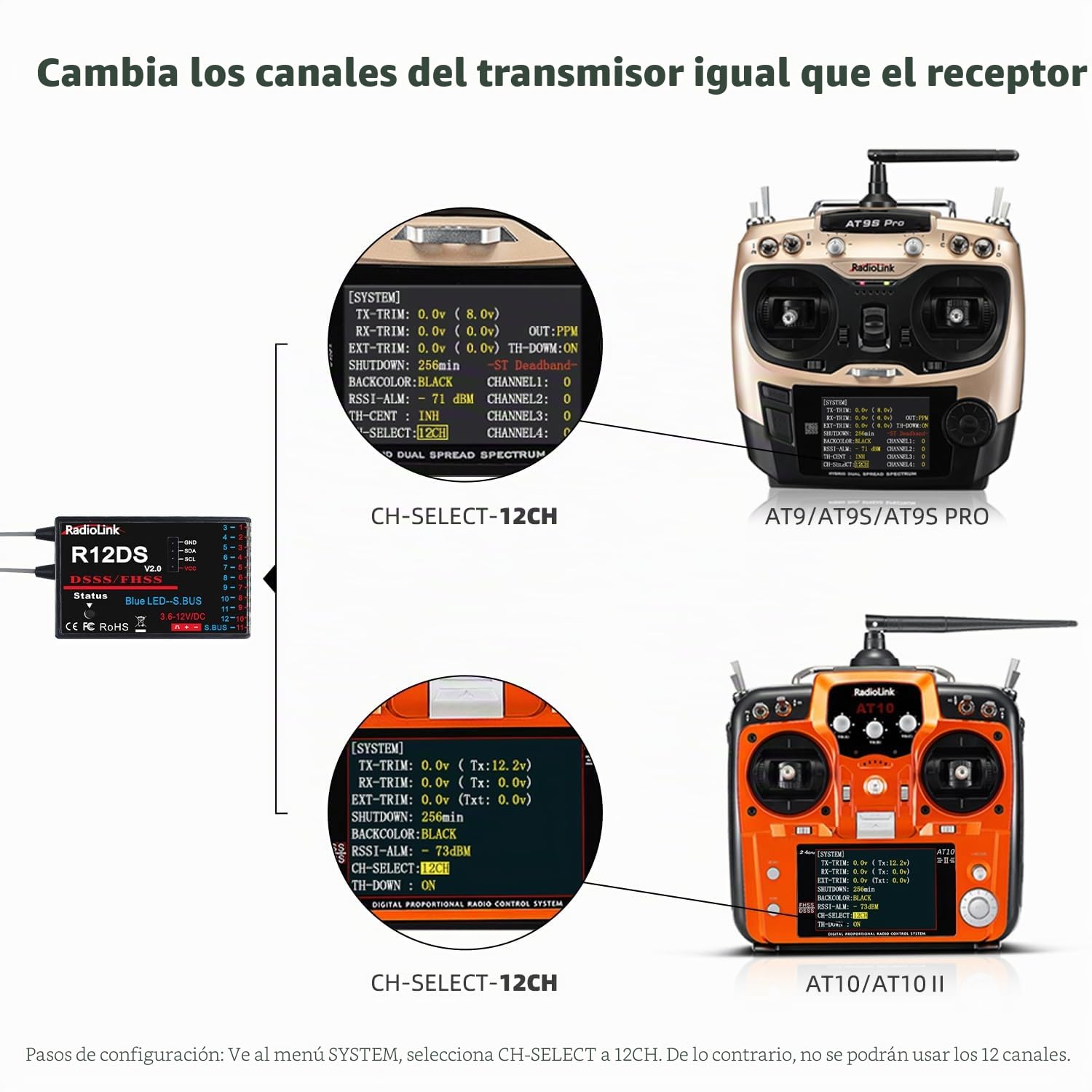 Radiolink R12DS 2,4 GHz RC Receptor 12 Canales SBUS/PWM Control de Largo Alcance para Avión Jet RC Transmisor AT10II/AT9S Pro/AT9S