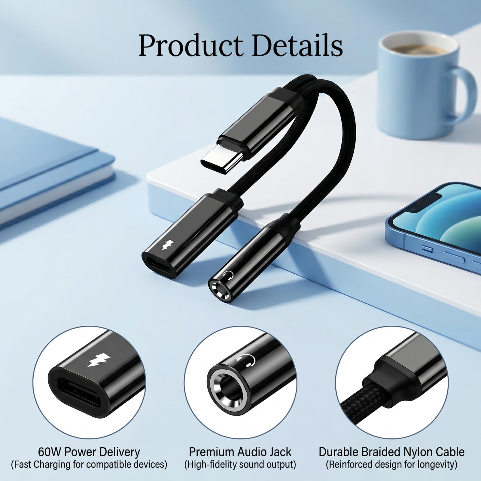 Adapter USB C Klinke 3,5 mm 2 in 1, 2 in 1 USB C auf Klinke und Ladekabel, Adapter USB C auf 3,5 mm mit Schnellladung, PD 60 W, Audio AUX DAC, Typ C Stecker, Dual Port Kopfhörer und kompatibel mit