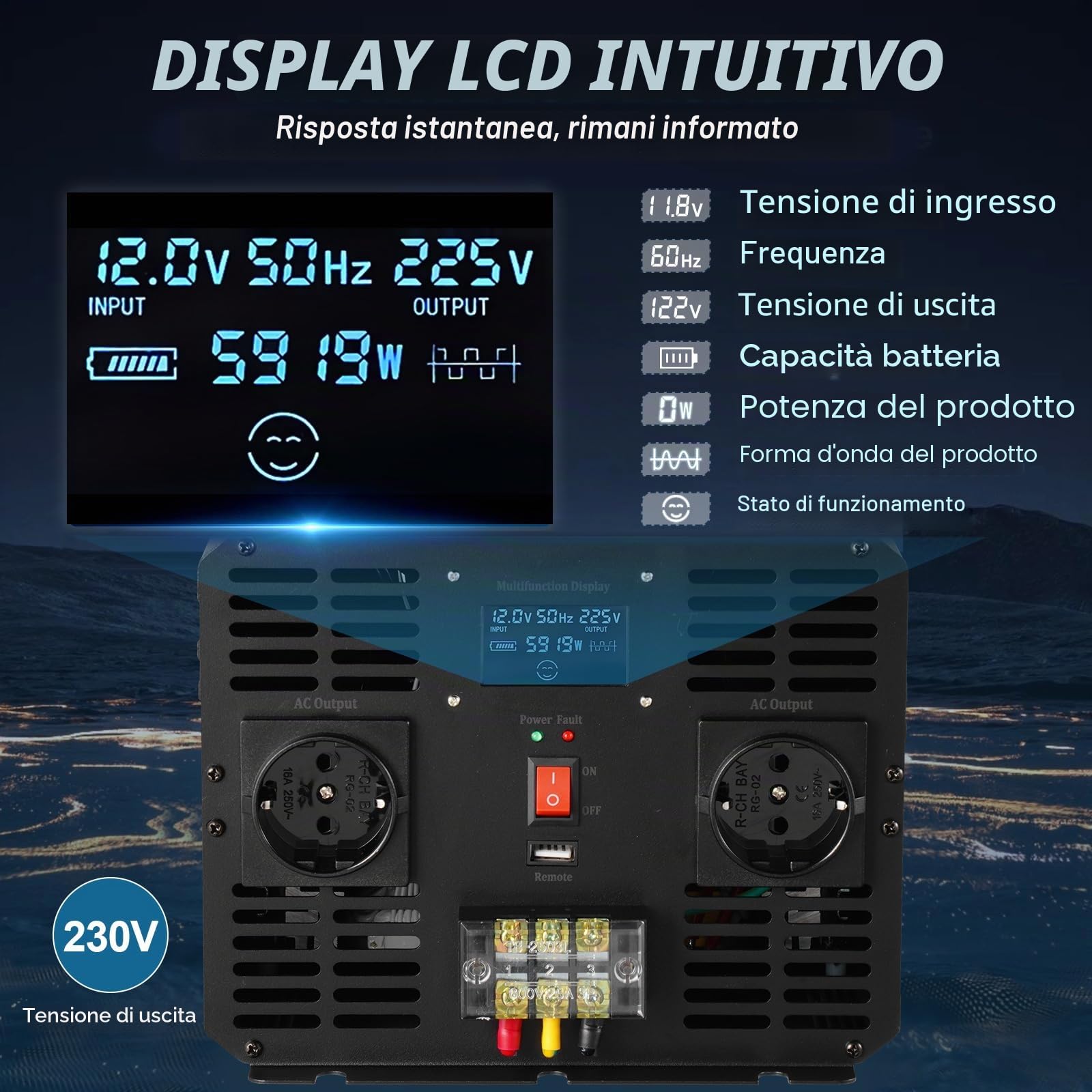 VEVOR Invertitore a Onda Sinusoidale Pura, 5000 W Invertitore di Potenza, DC 12 V a AC 230 V Invertitore per Auto con Schermo LCD Porta USB, Telecomando, per Camper Sistema Solare Viaggio Campeggio