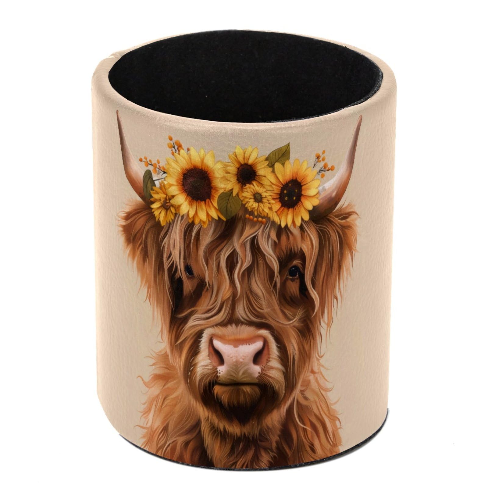 FWJZDSP Pencil Holder for Desk, Cow and Sunflower Pen Cup Makeup Brush Holder, Leather Desktop Organizer Storage Case Stationery for School Home Office Supplies