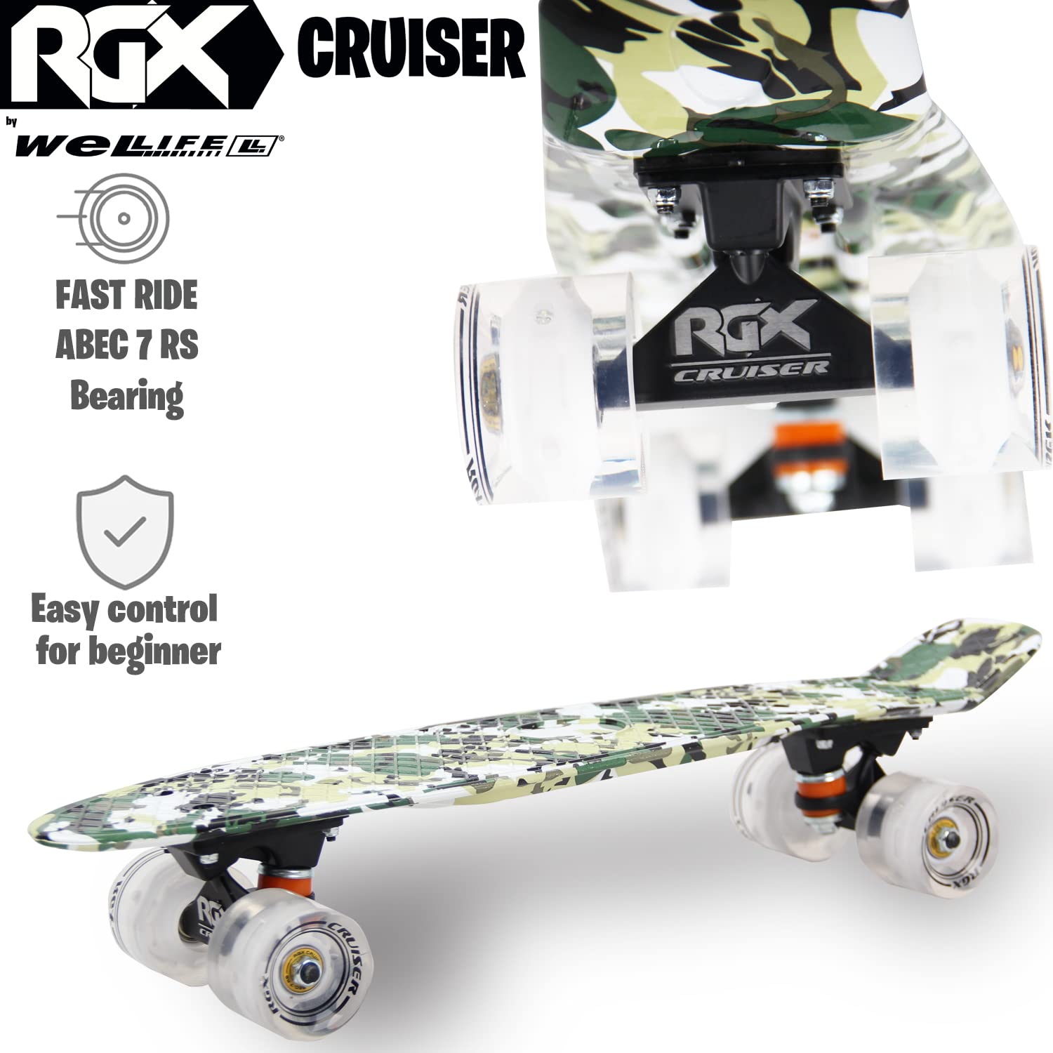 WeLLIFE Skateboard Mini Cruiser RGX Skate Planche 22" 56cm pour Jeunes Garçons Adultes, Roues Lumineuses PU 78A avec Feux Flash LED Roulements ABEC-7RS…