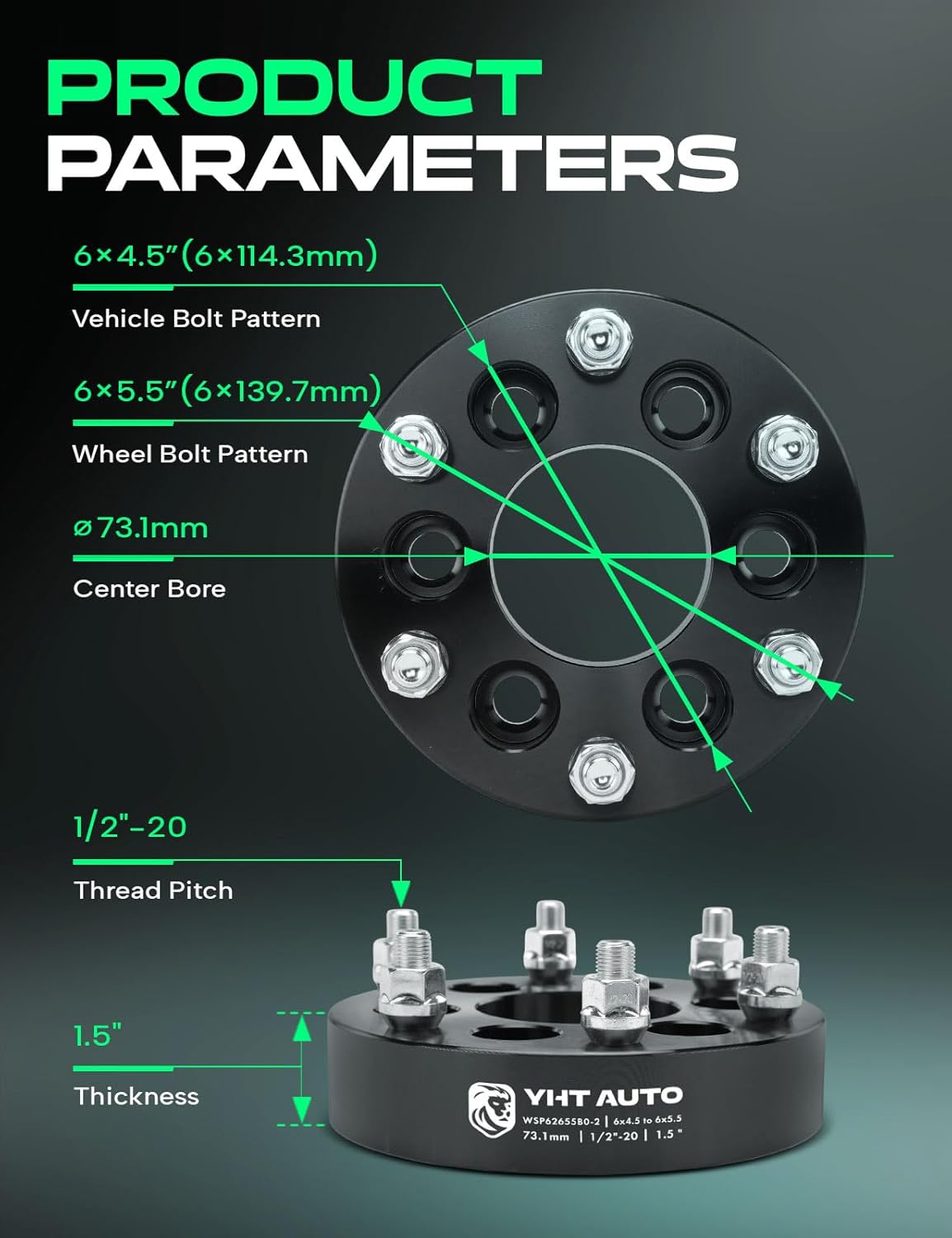 YHTAUTO 6x4.5 to 6x5.5 Wheel Adapters 1.5 Inch Compatible with Dodge Durango 1998-2003, Dakota, Viper, Tire Spacers w/1/2-20 & 12.9 Grade Studs, 73.1mm Center Bore 6 Lug 2PCS Black