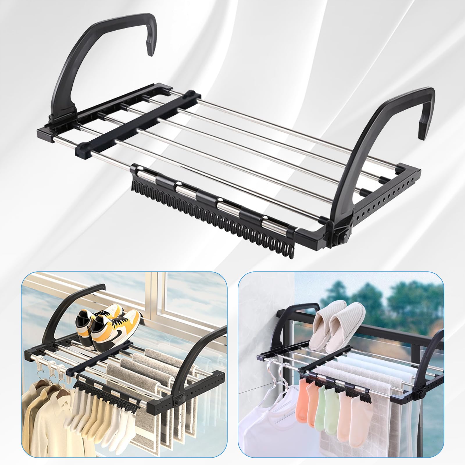 Bizcasa Tendedero Balcón Barandilla, Tendedero de Radiador, Tenderetes de Ropa Plegables de Acero Inoxidable, Tendedero para pequeñas coladas para Interior o Exterior (42-73cm)