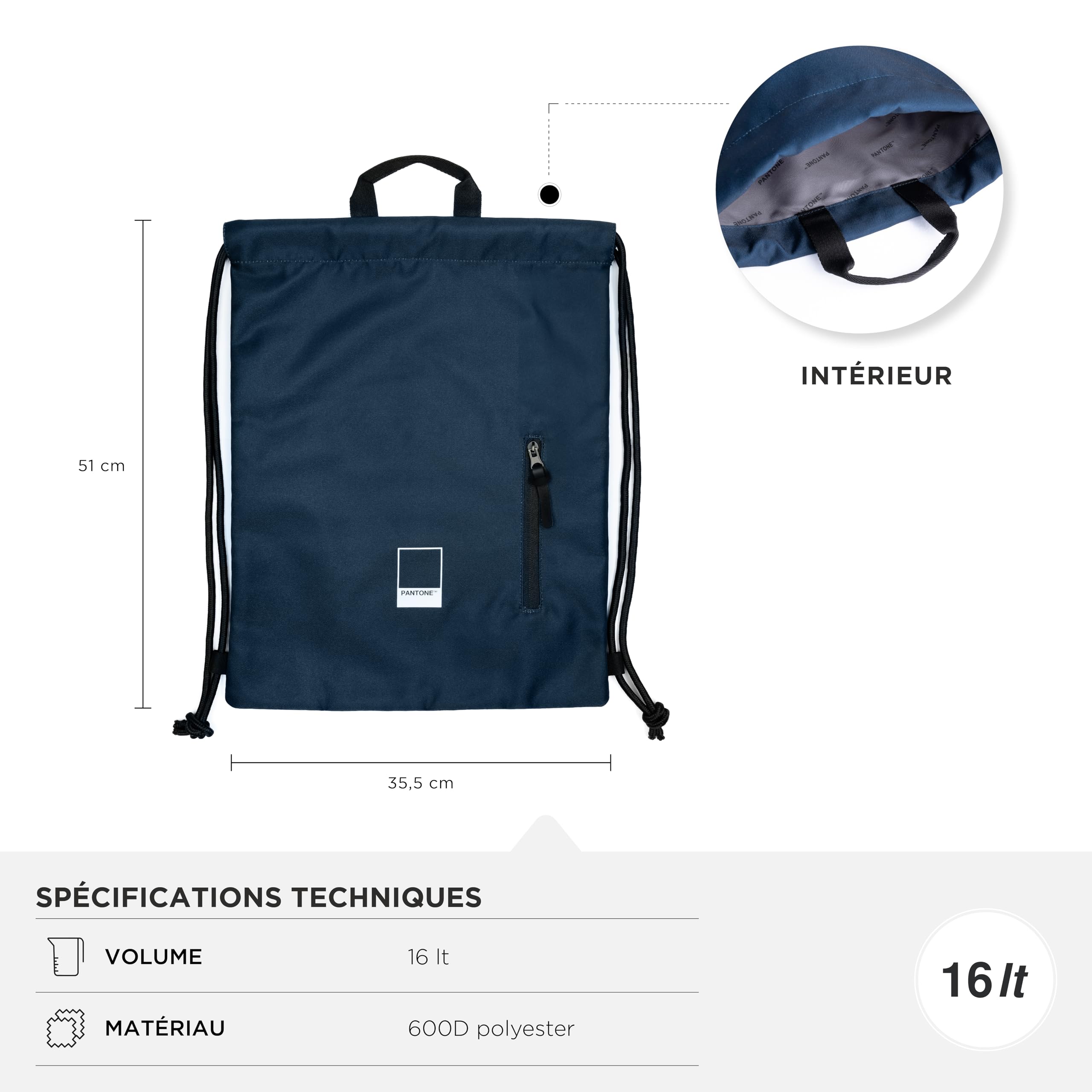 Sac De Sport PANTONE Urban 16L – Polyester Résistant, Fermeture à Cordon, Poche Zip, Poignée, Pour Femme Ou Homme