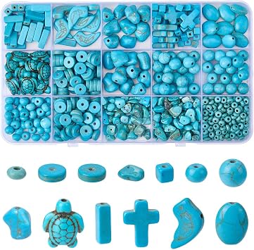 734Pcs 12 Styles Turquoise Beads for Jewelry Making Disc Rondelle Round Chip Nuggets Cross Cube Cuboid Sea Turtle Oval Bird Beads Loose Spacer Turquoise Stone for Necklace Bracelet Earring