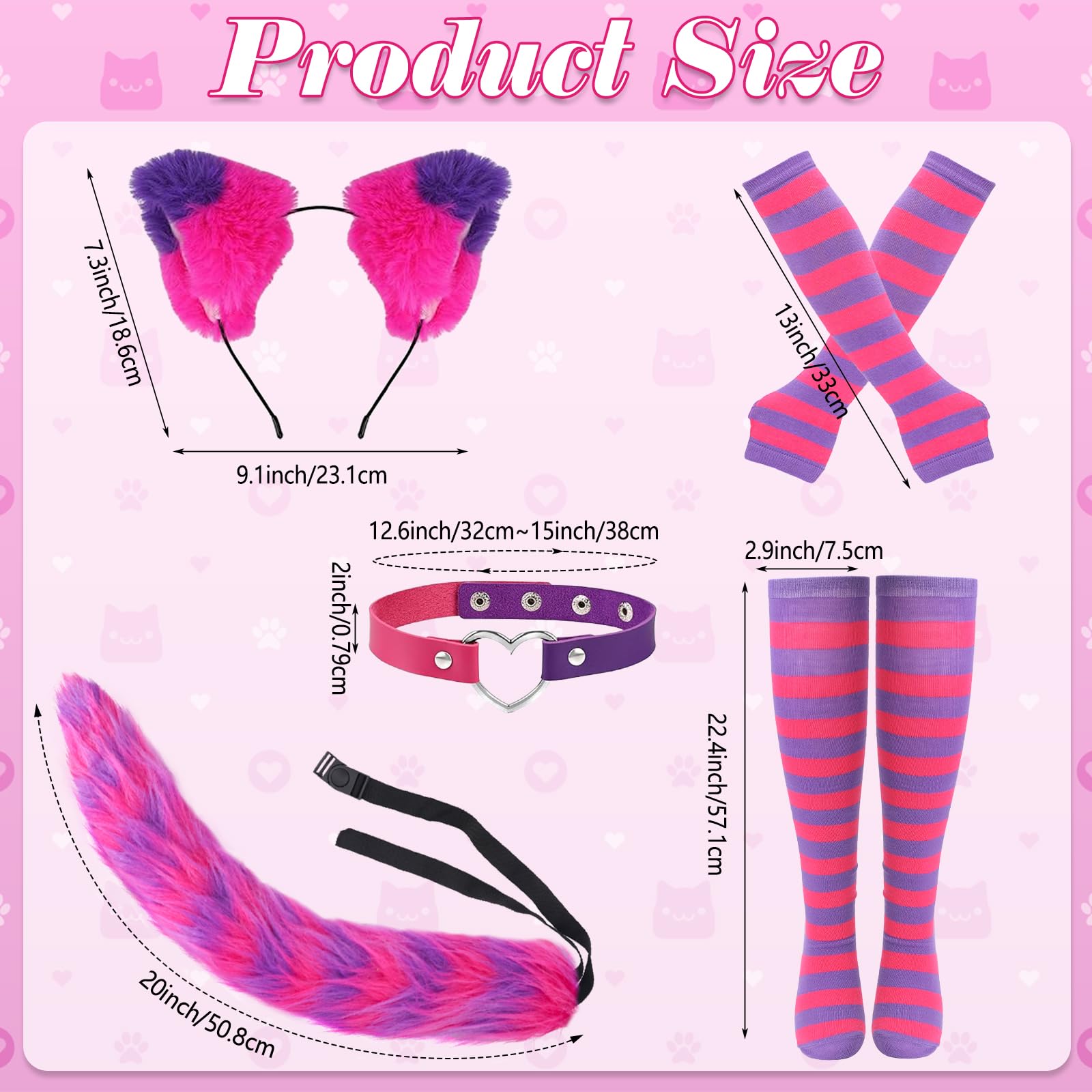 KMLGY 7 PCS Pink and Purple Striped Cat Costume for Girls Women Halloween Cosplay Accessories, Cat Ears Headbands, Furry Tail - Image 2