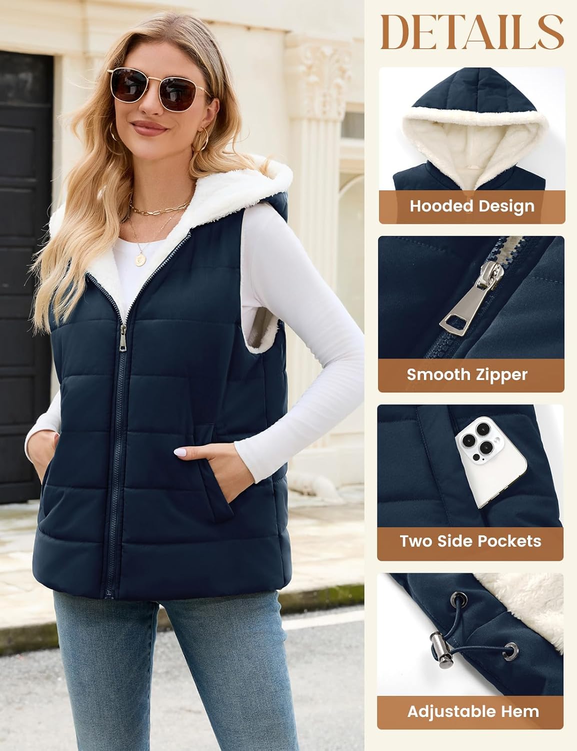 Womens Sherpa Fleece Vest Warm Sleeveless Jacket 2025 Winter Coat Fall Zip Up Hoodie Reversible Outwear with Pocket - Image 3
