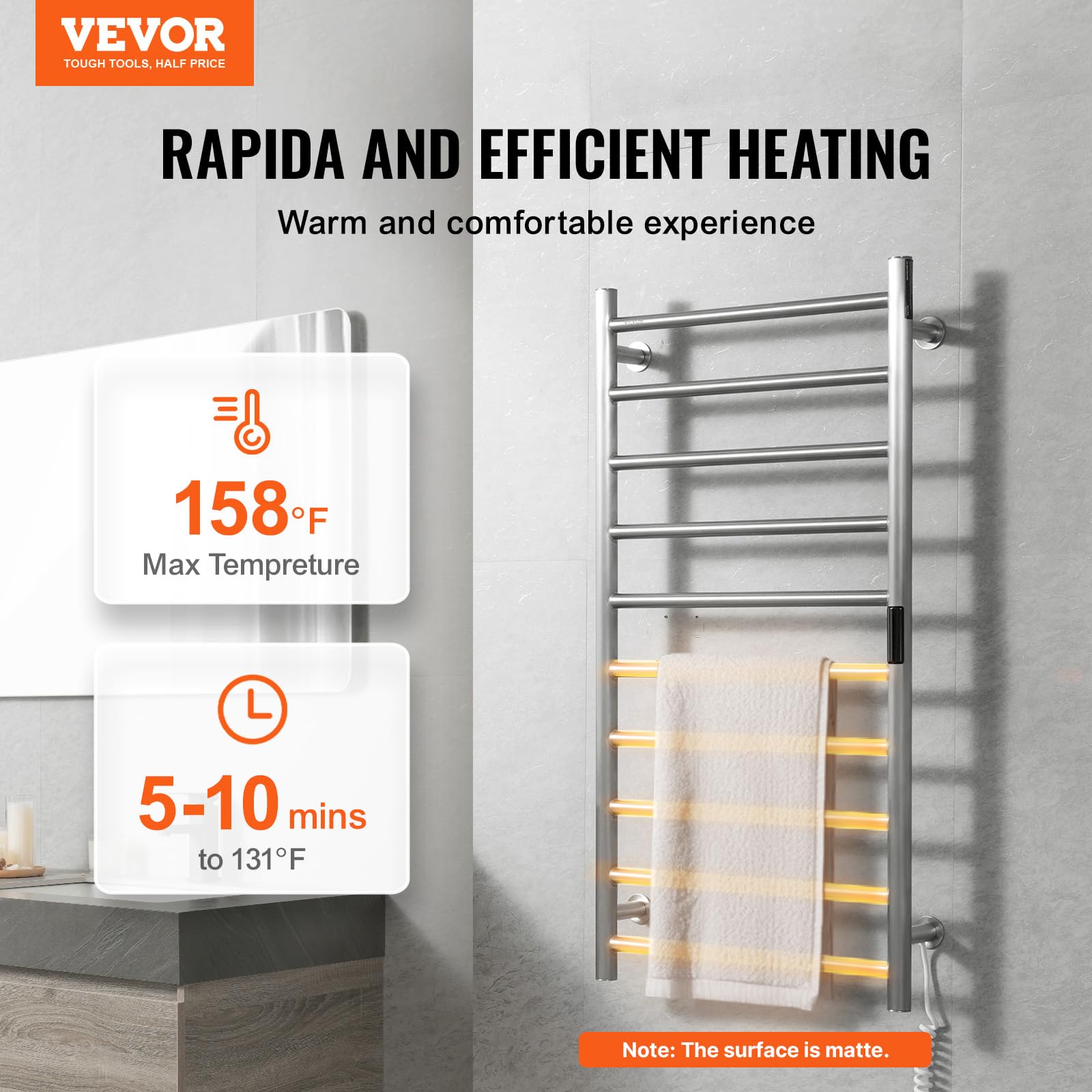VEVOR Calentador de Toallas con Radiador Toallero con 10 Barras Calentador de Toallas Impermeable con Temporizador y Pantalla LED 5 Niveles de Temperatura Ajustables Montado en la Pared, Plata