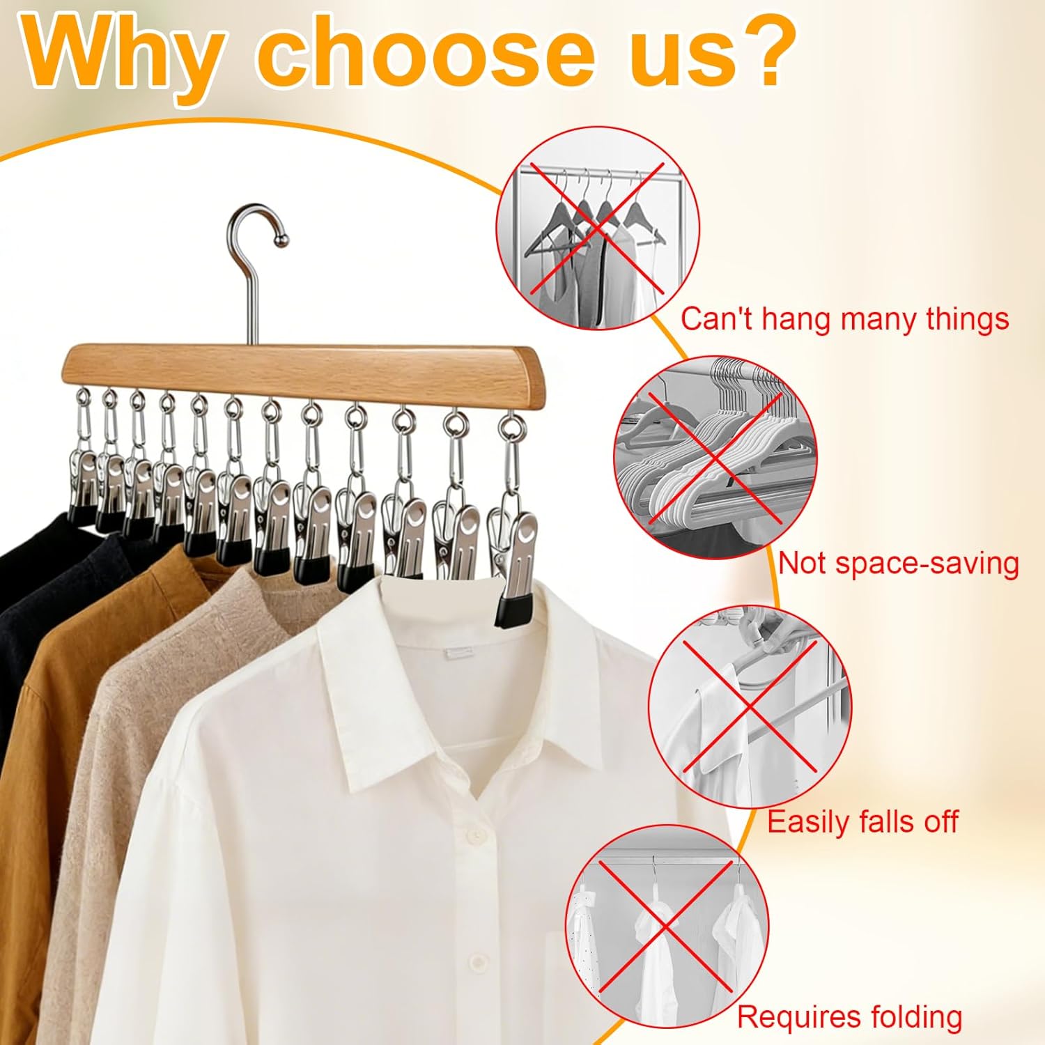 Closet Organizer with 10 Clips, 2 Pack Legging Organizer for Closet 10 Clips, Space Saving Hanging, Wooden, Multifunctional Storage for Clothes, Leggings, Sock, Jeans & More