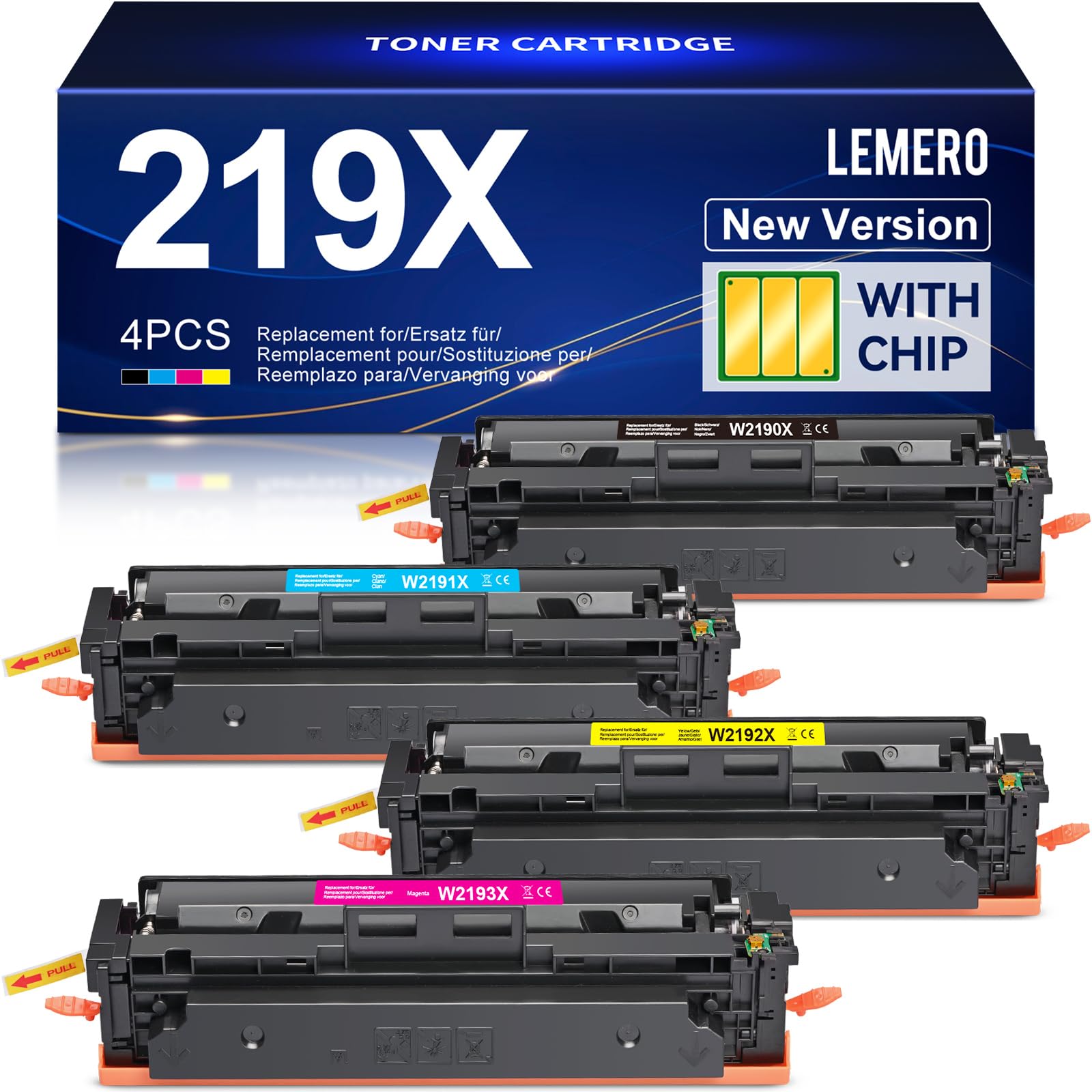 Lemero 219X Toner (con chip) Compatibile con HP Color LaserJet Pro MFP 3302FDWG 3302SDWG 3302FDW 3302SDW 3302FDN 3202DW 3302FDNG 3202DN per HP 219 219A W2190X Nero Ciano Magenta Giallo Confezione da 4