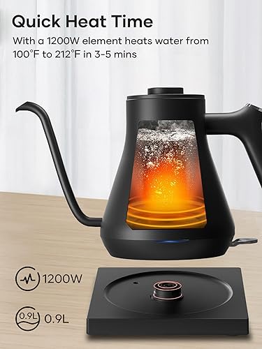 Miniatura 4 de Hervidor eléctrico de cuello de cisne, café y té de vertido rápido, hervido rápido, acero inoxidable 304 premium, acabado negro mate