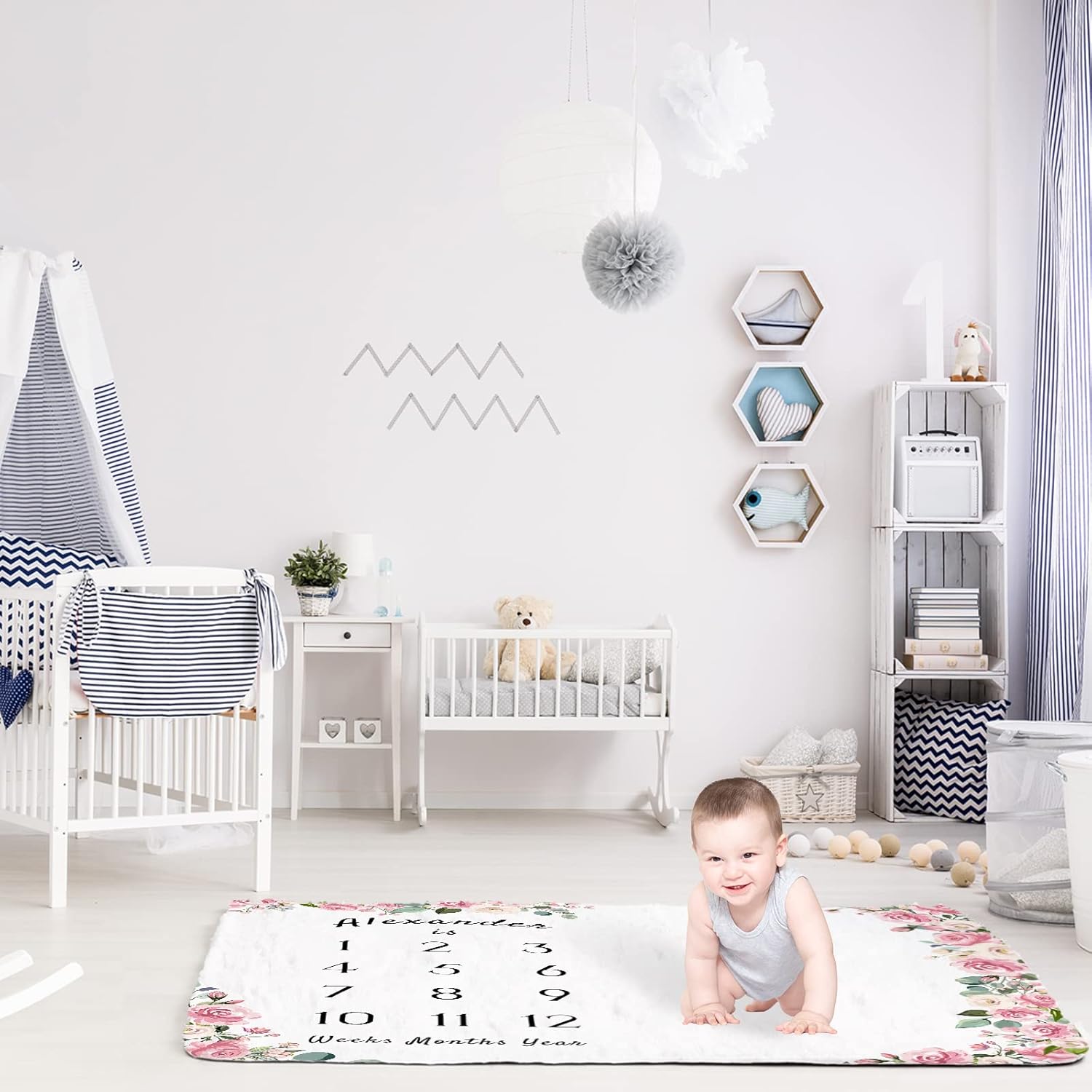 Artsadd Custom Baby Monthly Milestone Blanket with Name 40" x 50" - Personalized Baby Age Blanket with Growth Chart Blanket - Customized Newborns Floral Receiving Blankets for Girls Boys