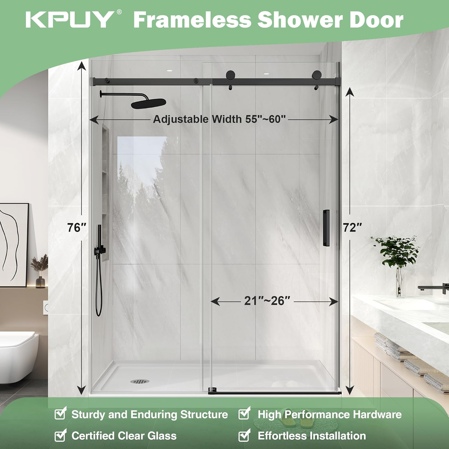 KPUY Frameless Shower Door, 55-60" W x 76" H Sliding Glass Shower Door, 1/4" (6mm) Thick Tempered Clear Glass with Explosion-Proof Film Nano Coating in Matte Black Finish