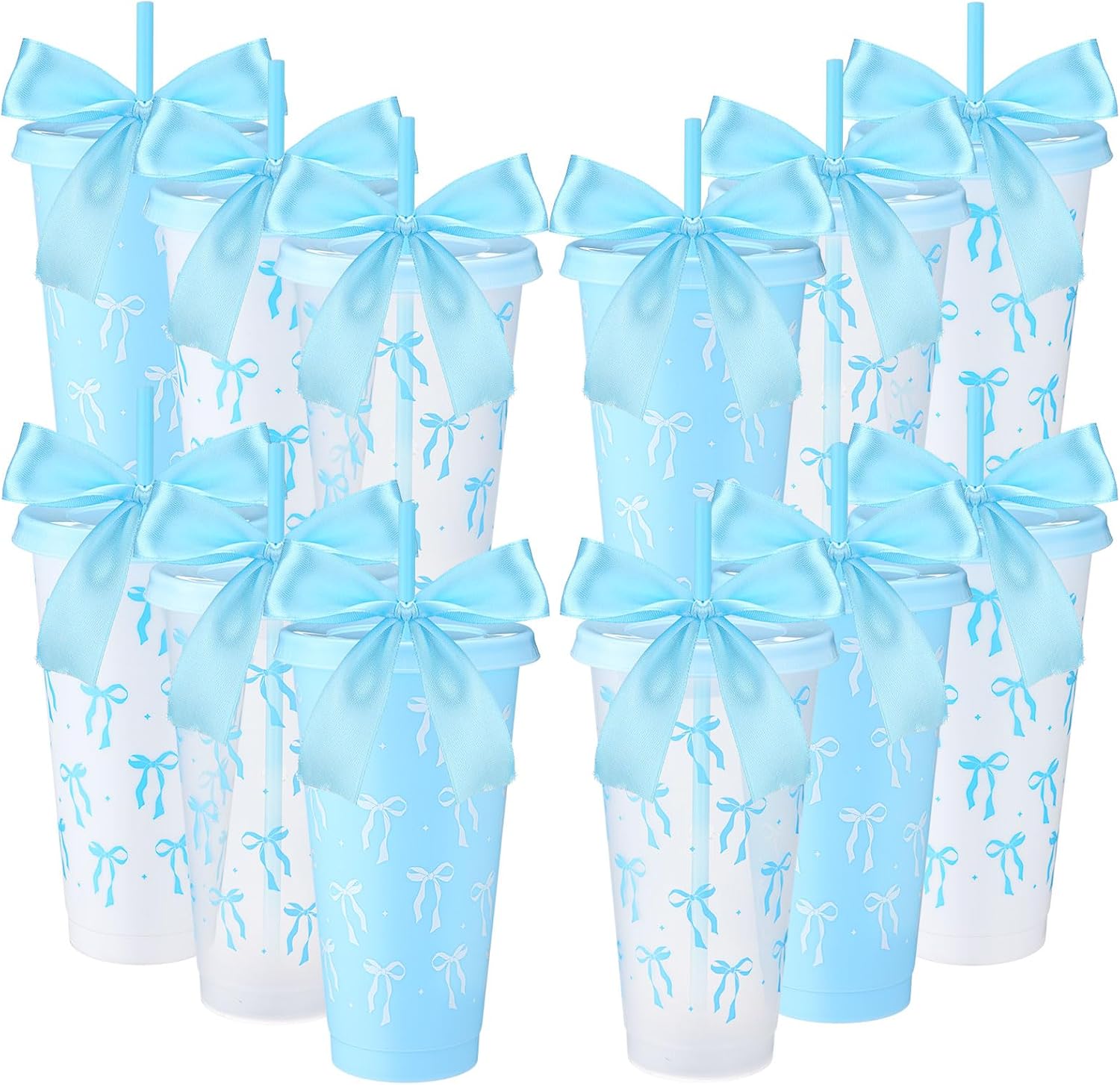 Skylety 24 Pcs Pink Bow Plastic Cups with Lid Straw and Ribbon Set, 24 oz Pink Bow Coquette Party Decorations Reusable Drinking Cups for Birthday Wedding Baby Shower Bridal Party