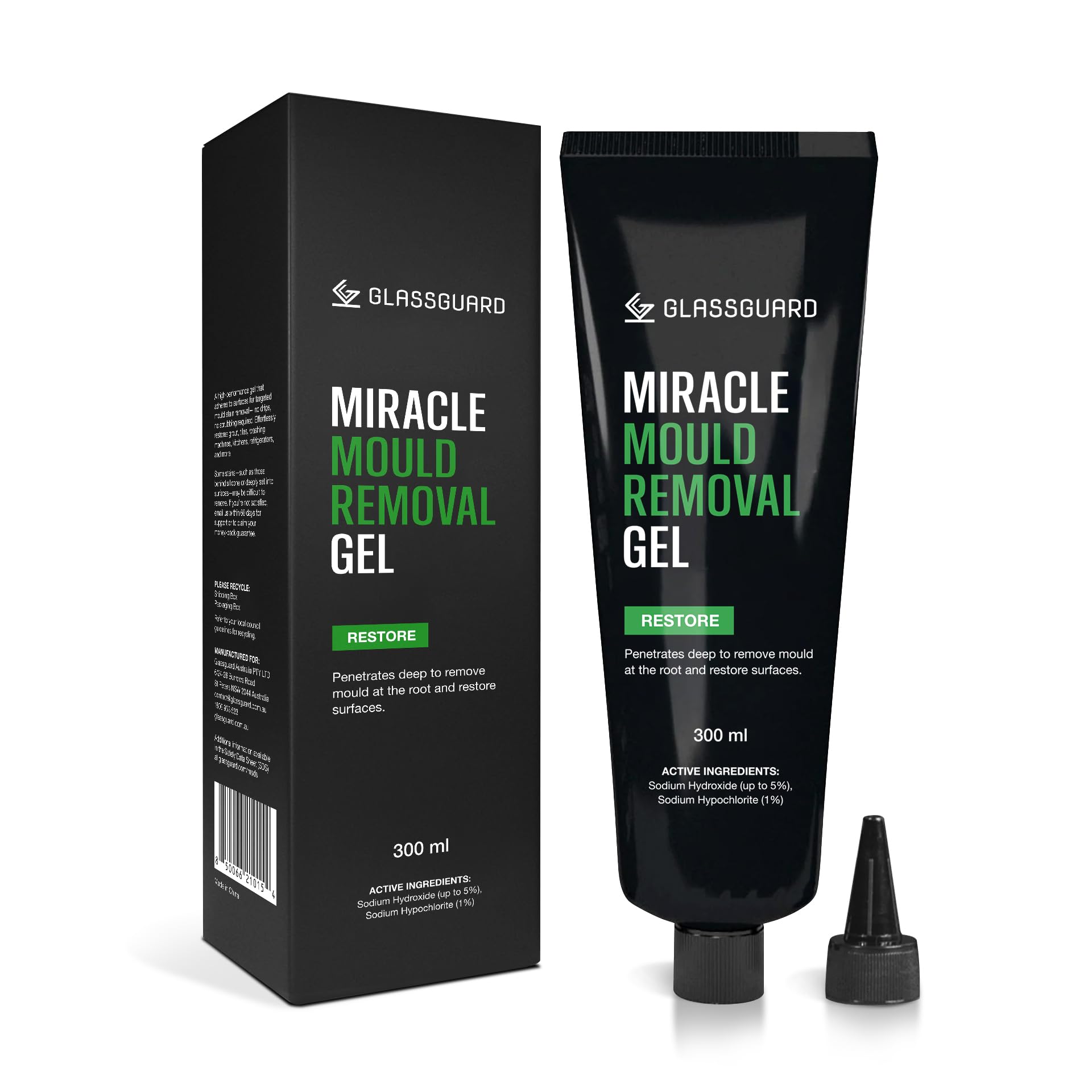GlassGuard Miracle Mould Stain Remover Stain Gel – Heavy Duty Cleaning Gel for Grouts, Ceramic, Glass, Silicone, Caulk & More – Washing Machine Cleaner Front Loader (300 ml / 10 oz)