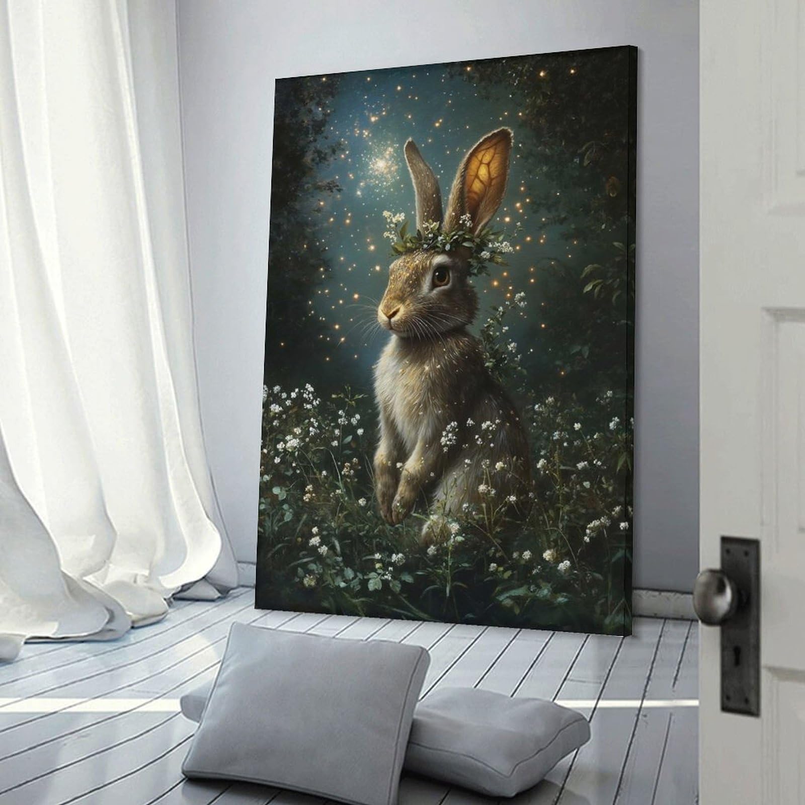 Junmoney Frame-Style-23 Wall Picture Print Enchanted Rabbit With Floral Crown, 24X36inch(60X90cm), For Entrance Walls, Hall Decor Or Foyers, Home Artwork For First Impressions