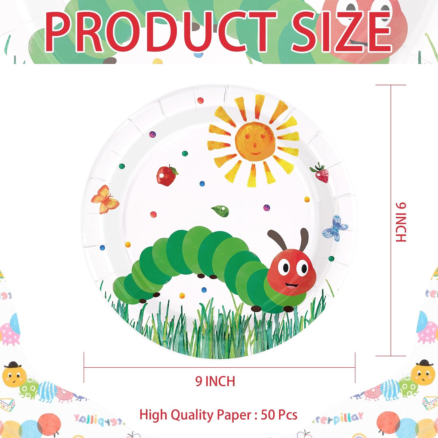 50Pcs Hungry Theme Caterpillar Paper Plates 9" Heavy Duty Disposable Kindergarten Graduation Dessert Plates Cartoon Green Insect Party Decorations for Kids Birthday Baby Shower Party Supplies