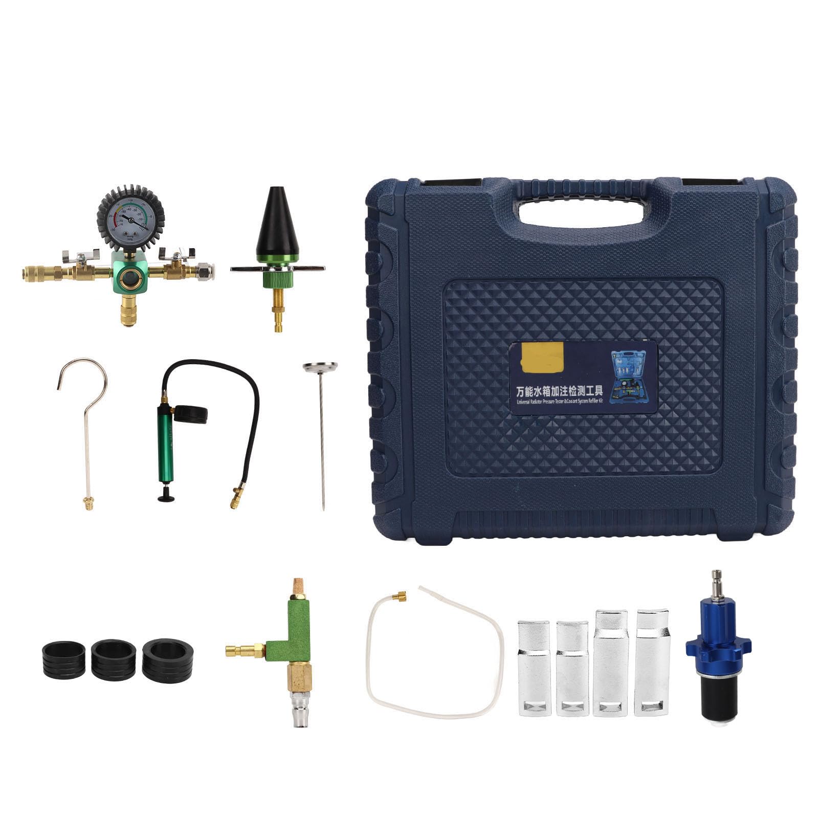 Kit di Ricarica per Vuoto del Liquido Refrigerante, Tester di Pressione del Radiatore da 15 Pezzi e Set di Strumenti Rilevatore di Perdite del di Raffreddamento con Adattatore Universale,