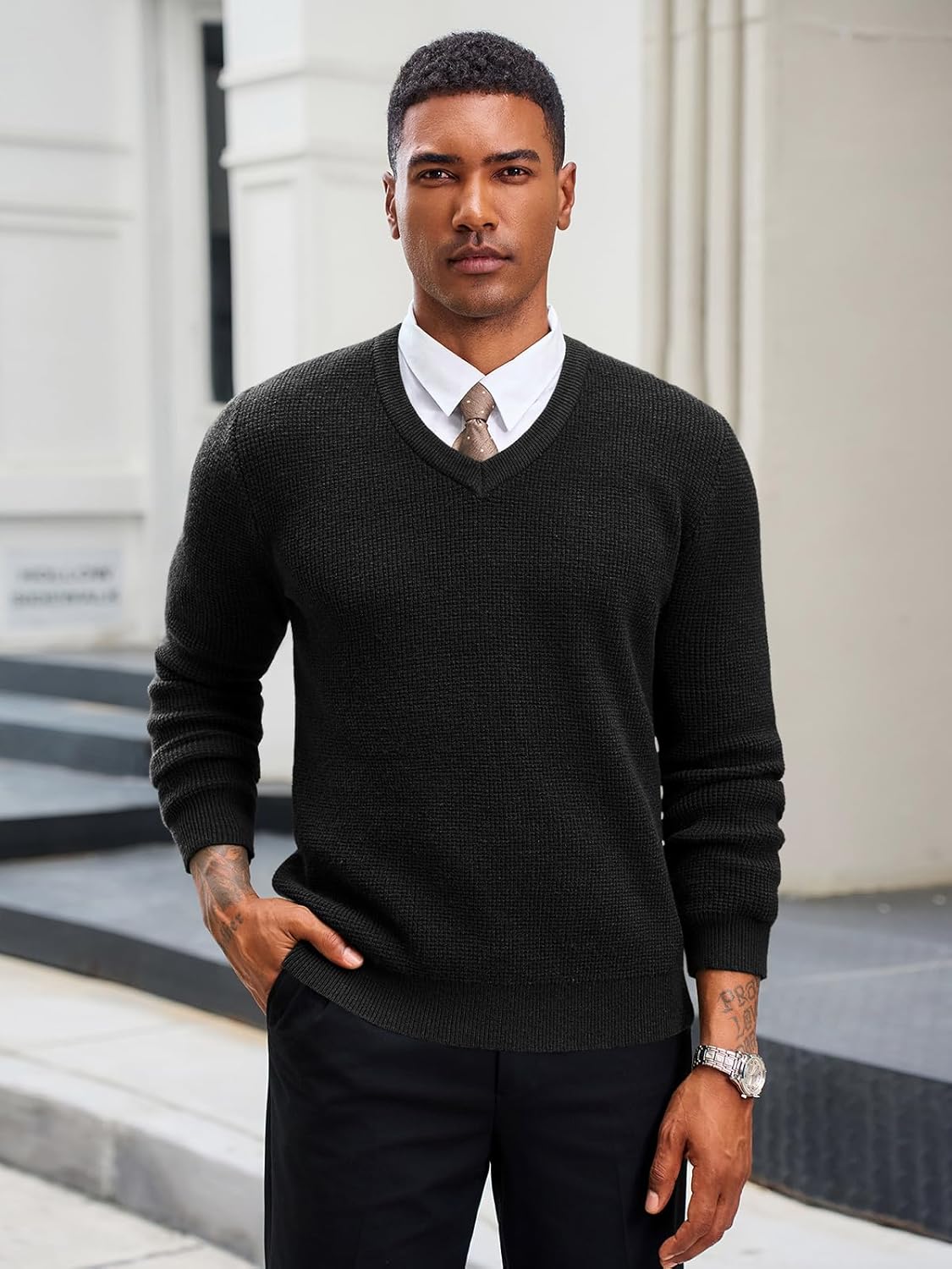 Runcati Mens V Neck Sweater Casual Waffle Knitted Pullover Slim Fit Fall Winter Basic Warm Sweaters - Image 3