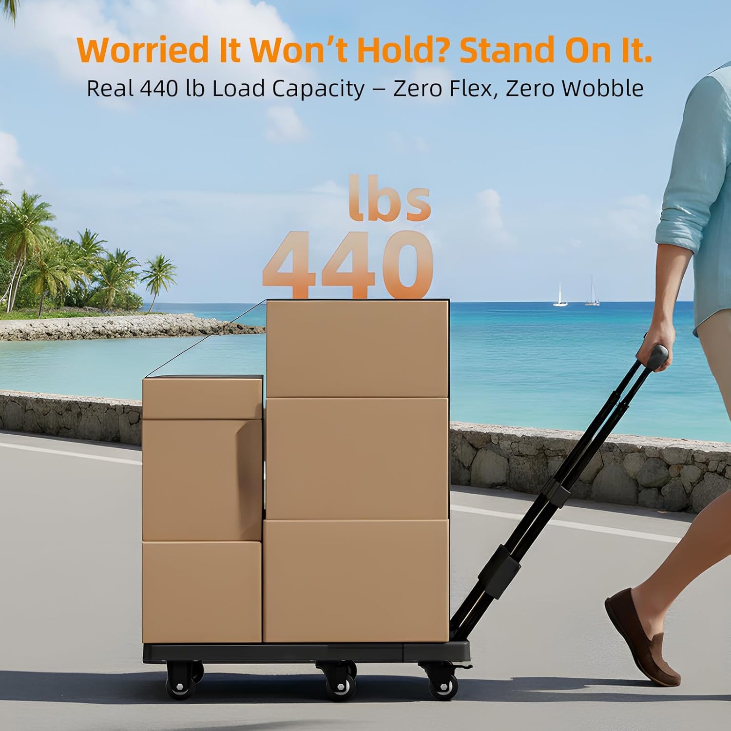 Dolly Cart with Wheels 440lbs, Folding Hand Truck with Upright Lock and 2 Elastic Straps, Extendable Heavy Duty Utility Cart for Luggage, Airport, Office & Dorm, Carrito de Carga