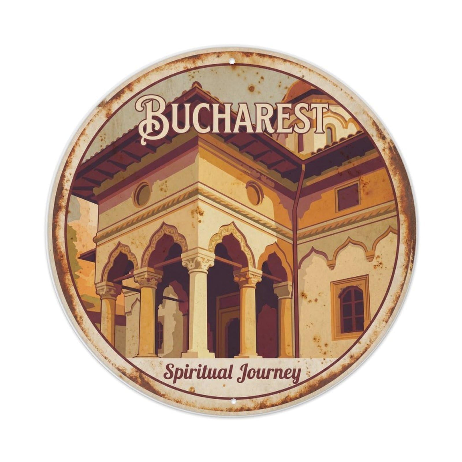 Fqcyn Style Vintage Travel Bucharest Monastery Journey Metal Tin Sign