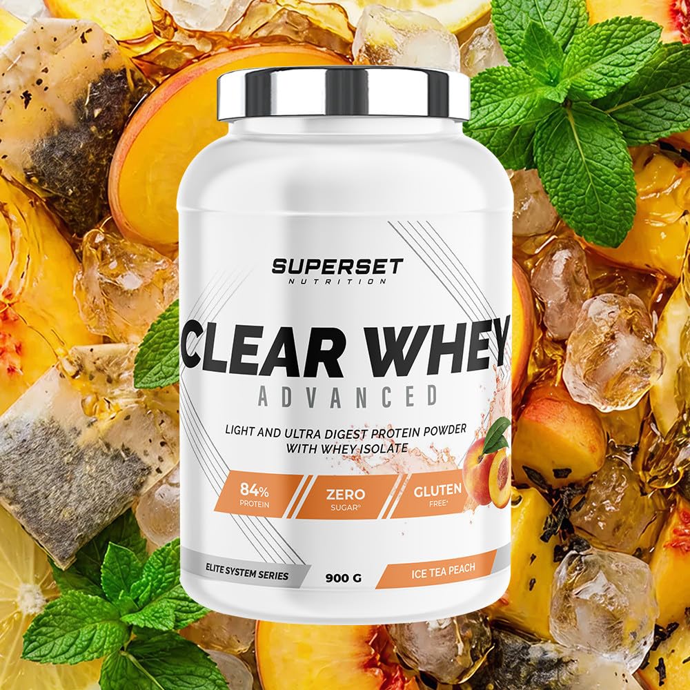 Superset Nutrition - Clear Whey Advanced 900g - Protéine Isolat Ultra légère 84% - Raffraichissante Riche en BCAA & L-Glutamine - Effet de satiété - Faible en Calories - Goût Ice Tea Pêche