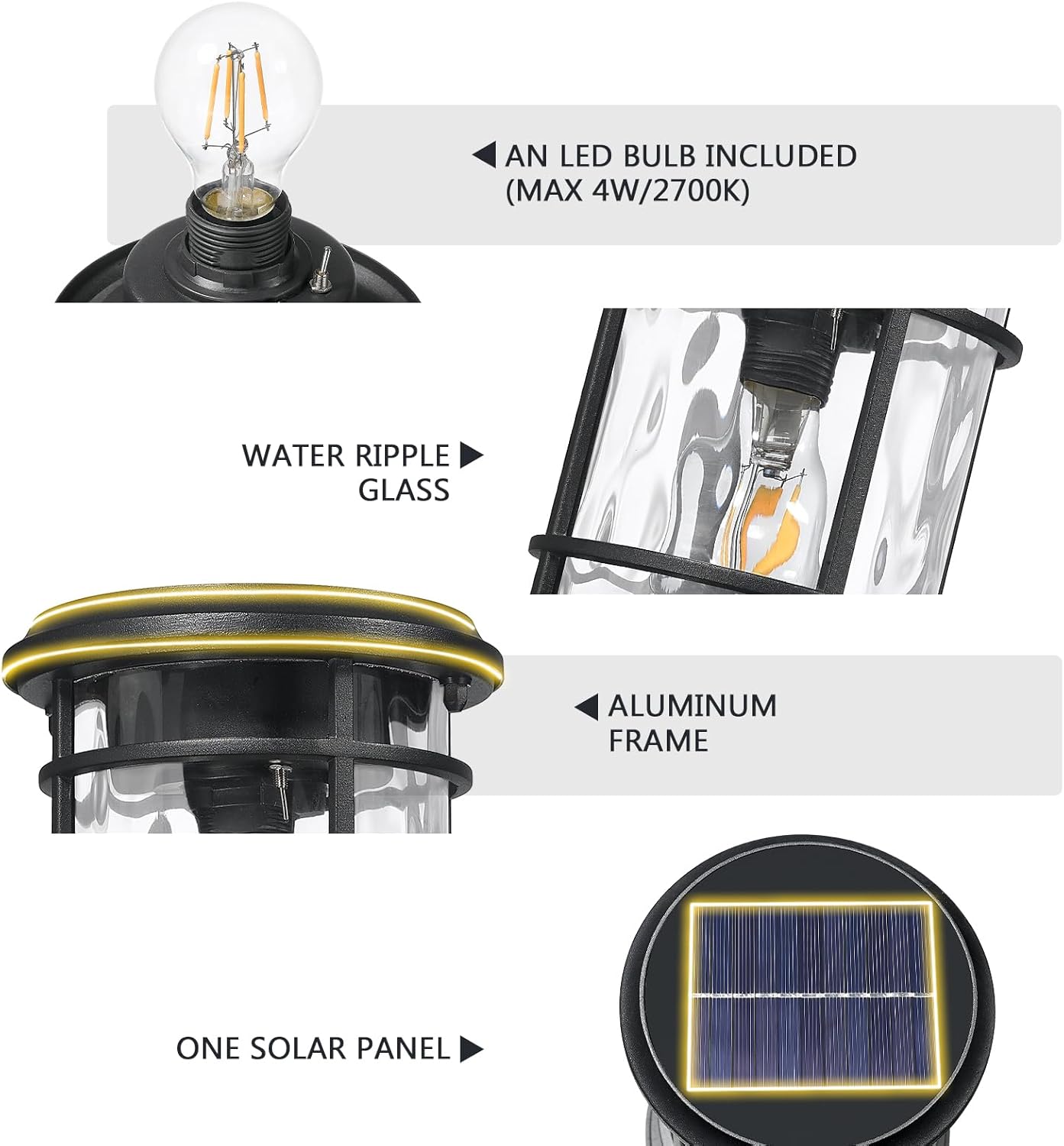 Emliviar Portable Solar Post Light Fixture with Fixed Pire Mount Base, Black 11“ Outside Solar Table Lamp with Remote Control, LED Post Lantern Head with Water Ripple Glass, XE229P-S-ML SL BK