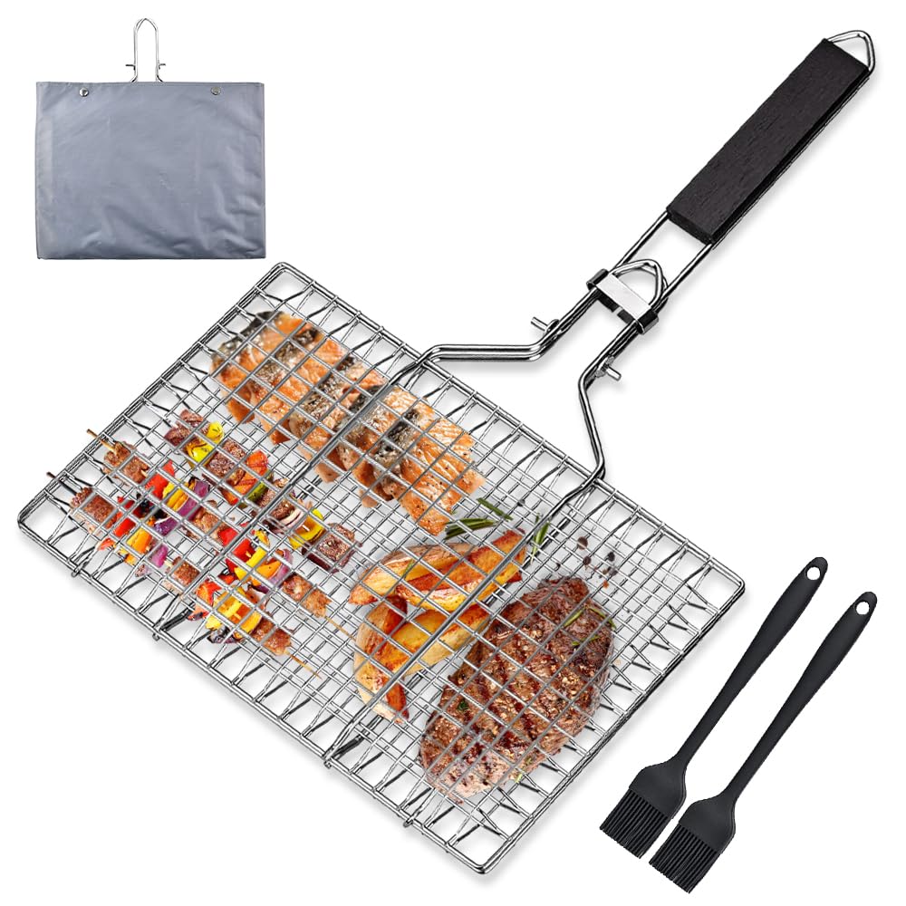 Udbrud BBQ Grill Basket, Fish Grilling Basket Folding Portable Stainless Steel Barbecue Grill Basket with Removable Handle Grill Baskets with Storage Bag and 2 Brushes for Fish Shrimp Vegetable Steak