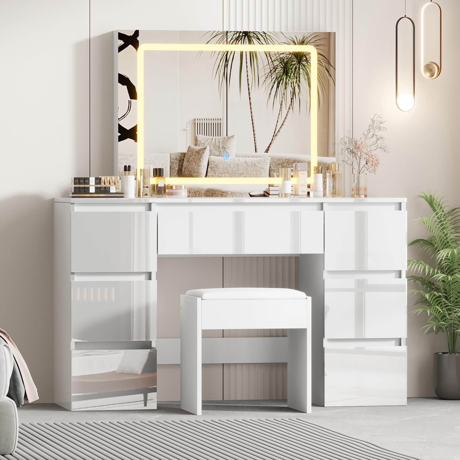 Schminktisch mit LED Beleuchtung, Hochglanz, 7 Schubladen, Weiß | Hochwertiger Stuhl mit Soft Pad, Für Schlafzimmer, Wohnzimmer, Friseur, Umkleidezimmer