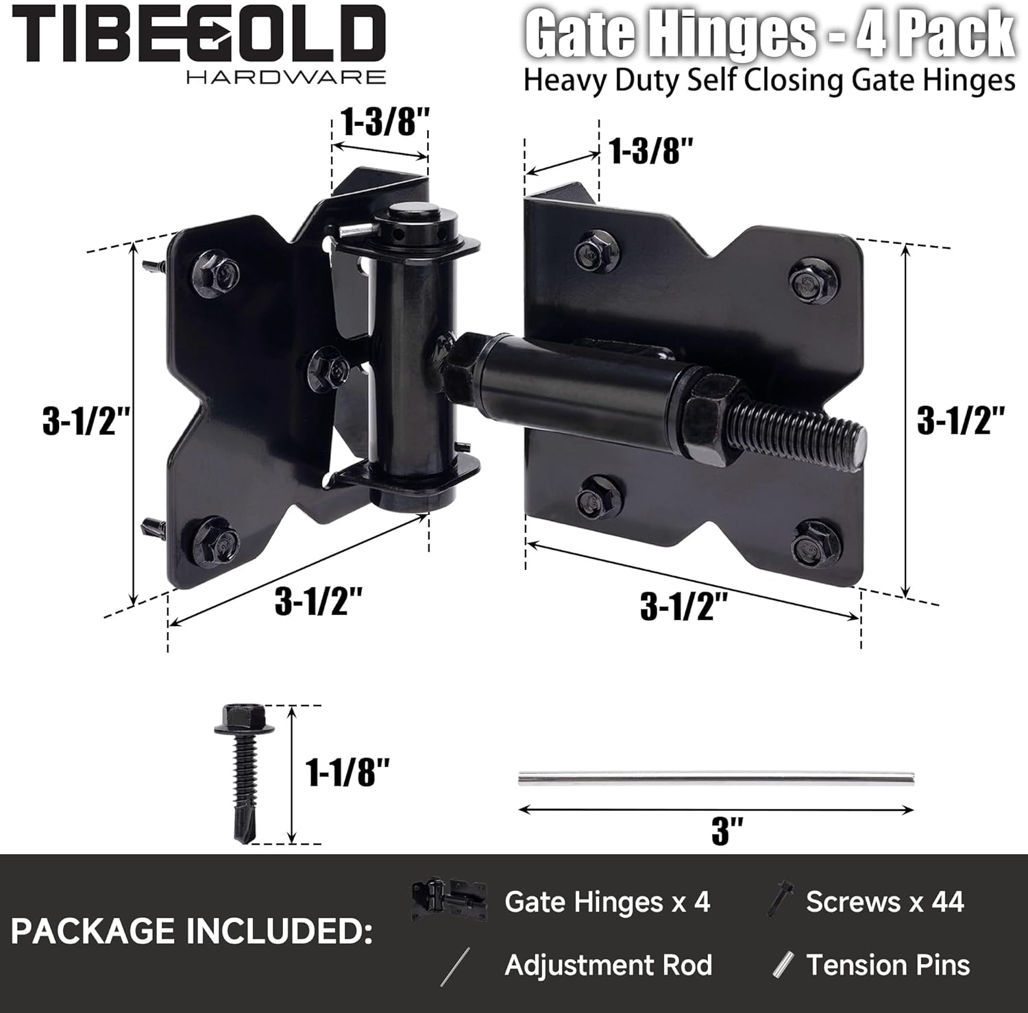 Self Closing Gate Hinges, Heavy Duty Hardware for Outdoor Vinyl/Woodn Fence Gates, 90 Degree Adjustable Gate Hinges Kit, Black Self Closing Hardware with Screw Kits and Swing Adjuster Tool, 4 Pack