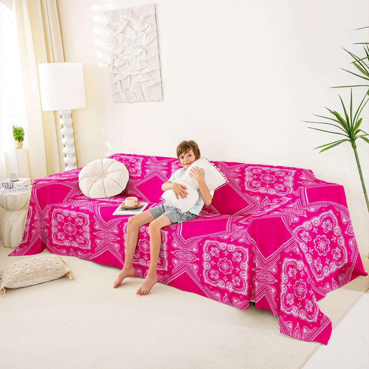 Homewish Funda de sofá de damasco floral rosa intenso, 180 x 340 cm