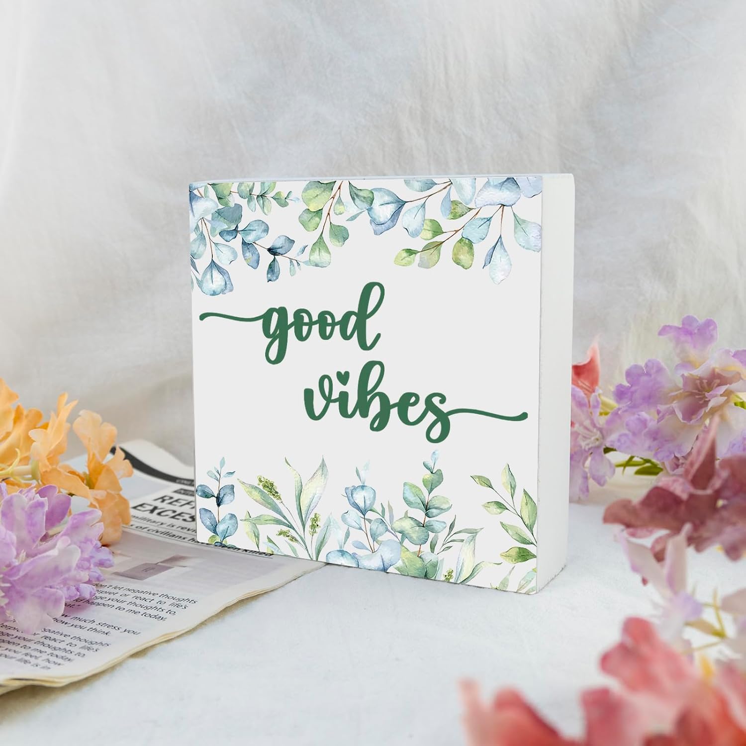 Good Vibes Wooden Sign Sage Green Decor Botanical Eucalyptus Leaves Home Decorations for Shelves Motivational Desk Decor Office Small Book Shelf Decorations for Work - Image 3