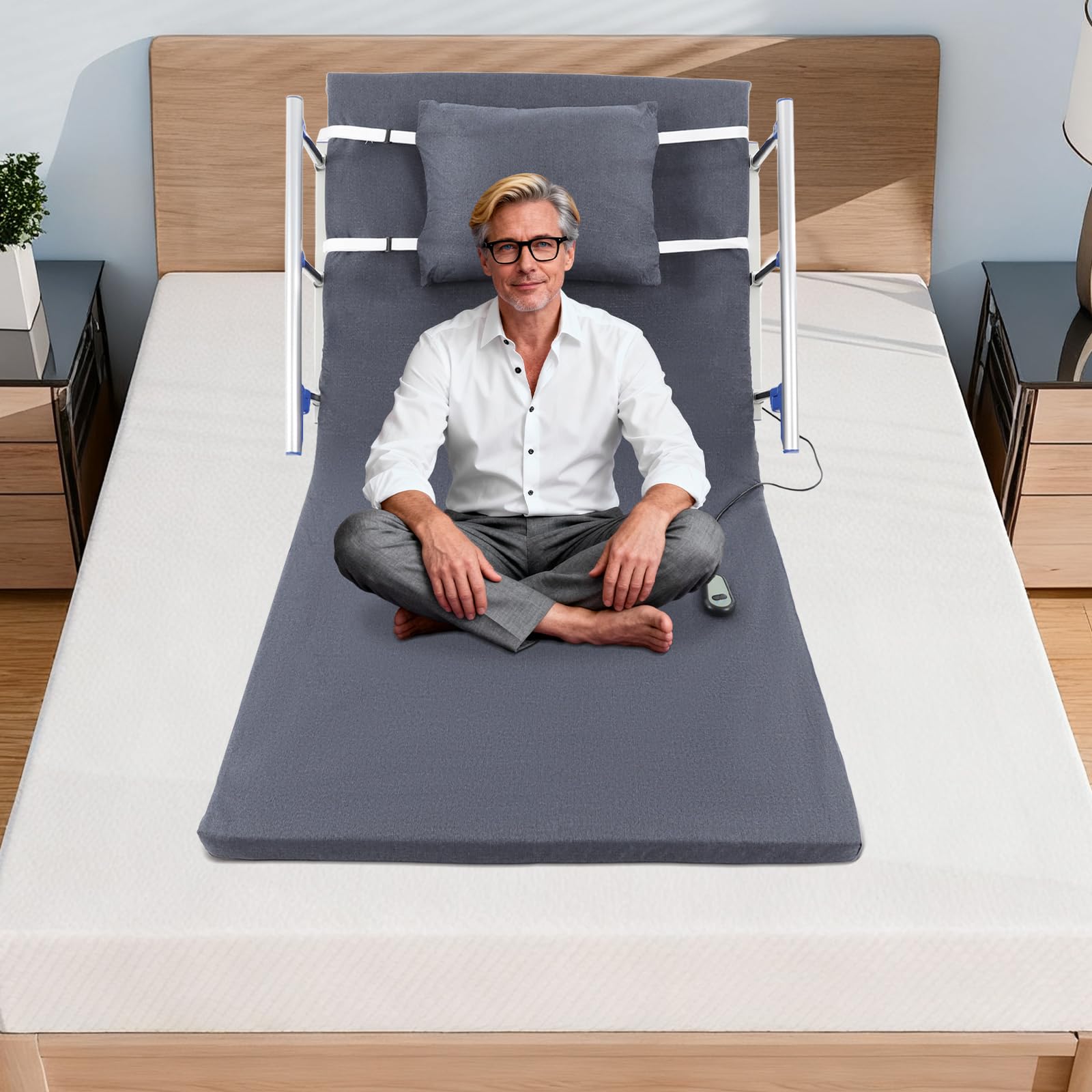 Elektrische Rückenlehne Aufstehhilfe Bett 150kg Belastbarkeit Electric Bed Back Rest Verstellbarer Lattenrost 2-80 Grad Lifting Backrest mit Klapparmen EU Stecker 190x90cm Stahlrahmen Grau