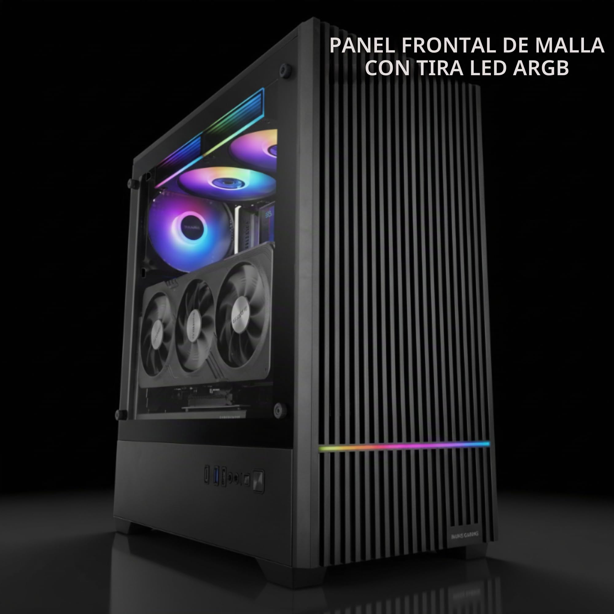 Mars Gaming MC-Quantum, Caja PC Gaming ATX, Frontal Mesh con Tira LED ARGB, Cristal Templado Lateral Completo, 4X Ventiladores FDB 120mm, Soporte Refrigeración Líquida hasta 240mm, USB-C, Negro