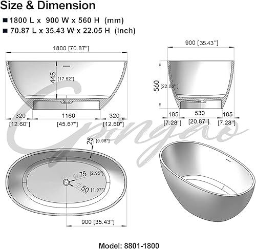 Miniatura 10 de Cpingao Bañera independiente de resina de piedra blanca mate bañera contemporánea forma ovalada perfecta para baño drenaje cromado y desbordamiento