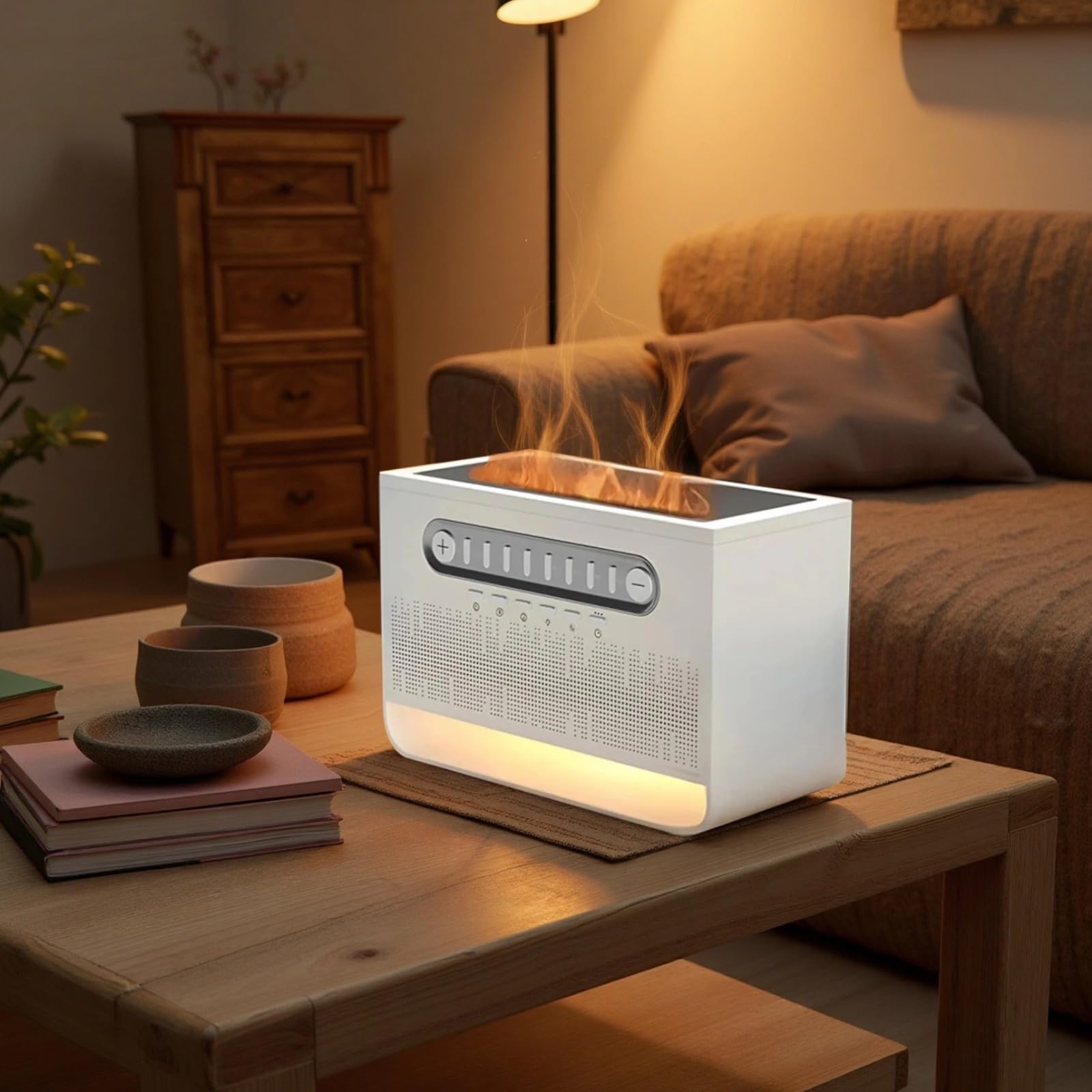 Diffusore di oli essenziali, diffusore di fiamma con 7 colori, altoparlante wireless e umidificatore acustico bianco, macchina per aromaterapia da tavolo per casa e ufficio, 200 x 90 x 130 mm, idea