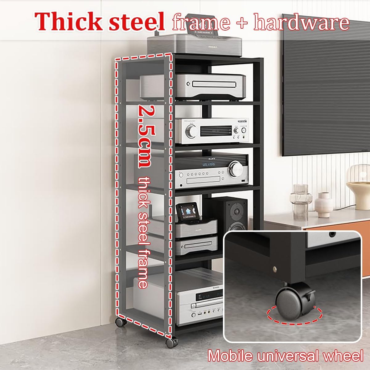 Moderno supporto AV a 5 livelli con ruote, elegante rack audio video per CD/DVD, soggiorno e ufficio, torre di archiviazione alta 129,5 cm, design funzionale