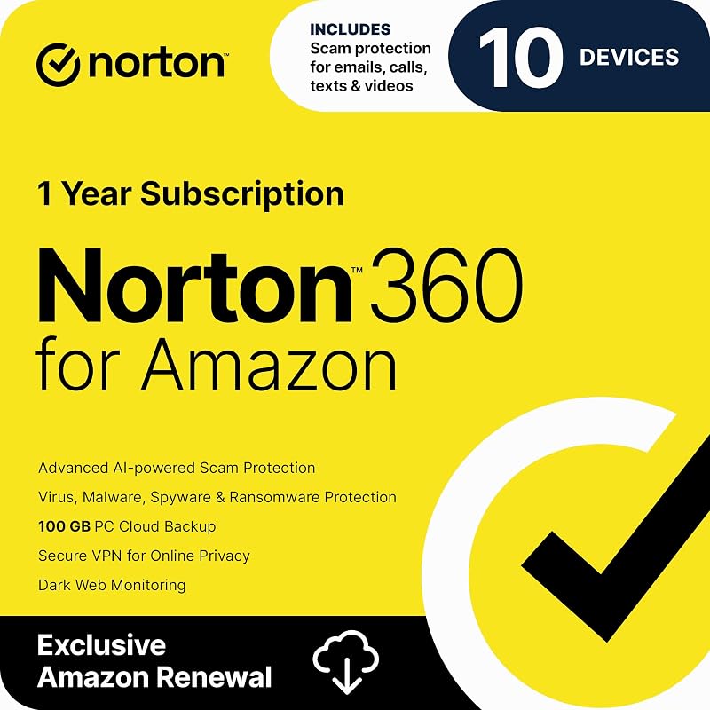 Norton 360 para Amazon, software antivirus para hasta 10 dispositivos con renovación automática: incluye Scam Protection Pro, VPN y Dark Web Monitoring [Suscripción]