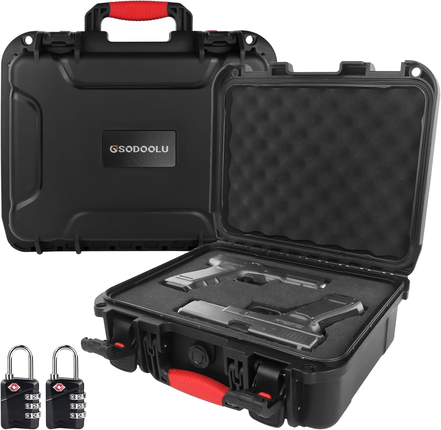 TSA Approved Gun Case Lockable for 1-4 Pistols, Waterproof Pistol Carrying Case, Shockproof Air Travel Hard Shell Firearm Case for Handguns, Potable Carrying Safe Case with 2 TSA Locks