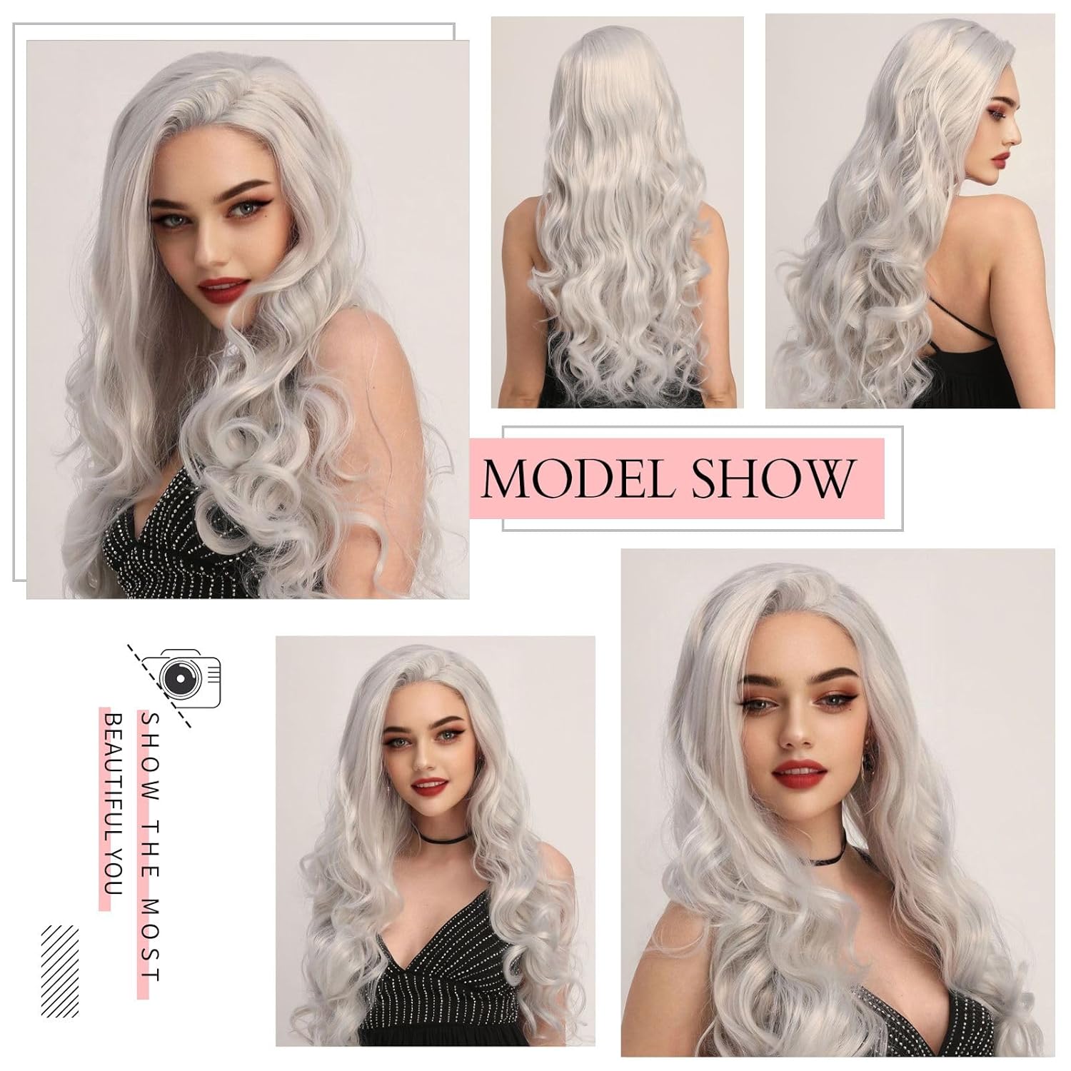 Ebingoo 26 Inch Silver Gray Lace Front Wig+Wig Cap Wavy Silver Wig for Women Curly Lace Front Wig Silver Princess Wig for Halloween Cosplay Women Daily Wear
