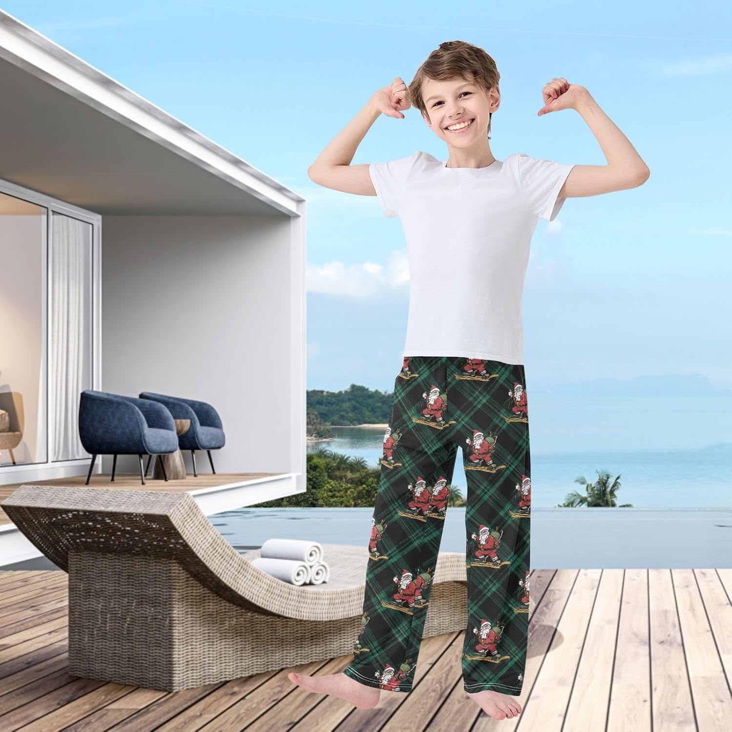 visesunny Boys' Pants Santa Claus Skis Plaid Green Black Jogger Pants Elastic Waist Long Bottoms Trousers with Pockets S-XL