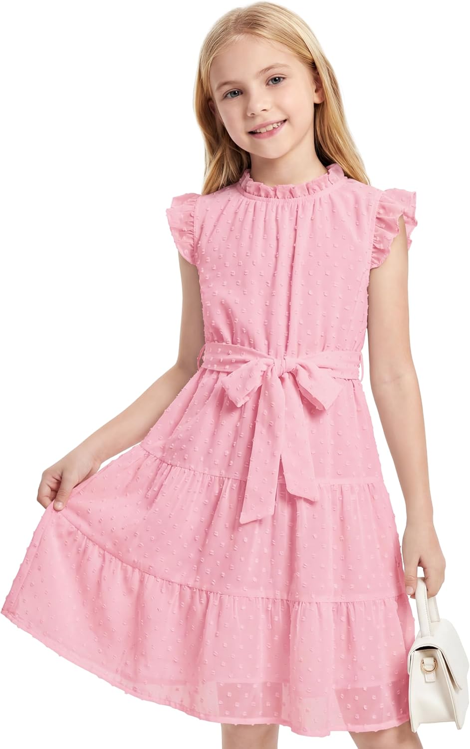 Cubear Girls Summer Dresses Ruffle Sleeve A-Line Swiss Dot Dress with Belt for Girls 6-15 Years