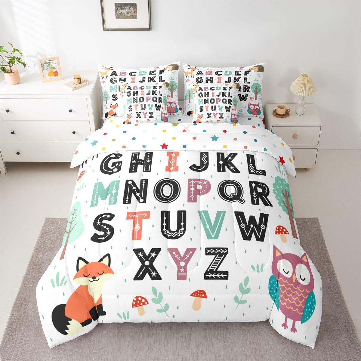 Feelyou Alphabet Kids ABC Learning Comforter Set with Sheets 7 Piece Queen Size Cartoon Owls Fox Hedgehog Bed in a Bag Kids Boys Girls Educational Art Bedding Set Woodland Animals Bedroom Decor
