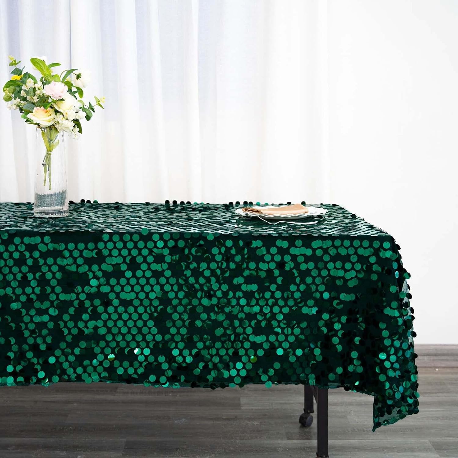 Efavormart 60"x102" Big Payette Hunter Emerald Green Sequin Rectangle Tablecloth Premium Collection Table Cover Sparkle Metallic Sequence Table Clothes for Birthday Party Baby Shower Wedding Covers