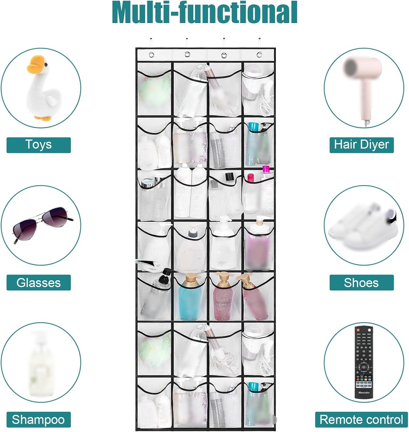 Organizador de zapatos para puerta con 28 bolsillos grandes, estante transparente para colgar zapatos para armario, incluye 4 ganchos de metal para un fácil almacenamiento
