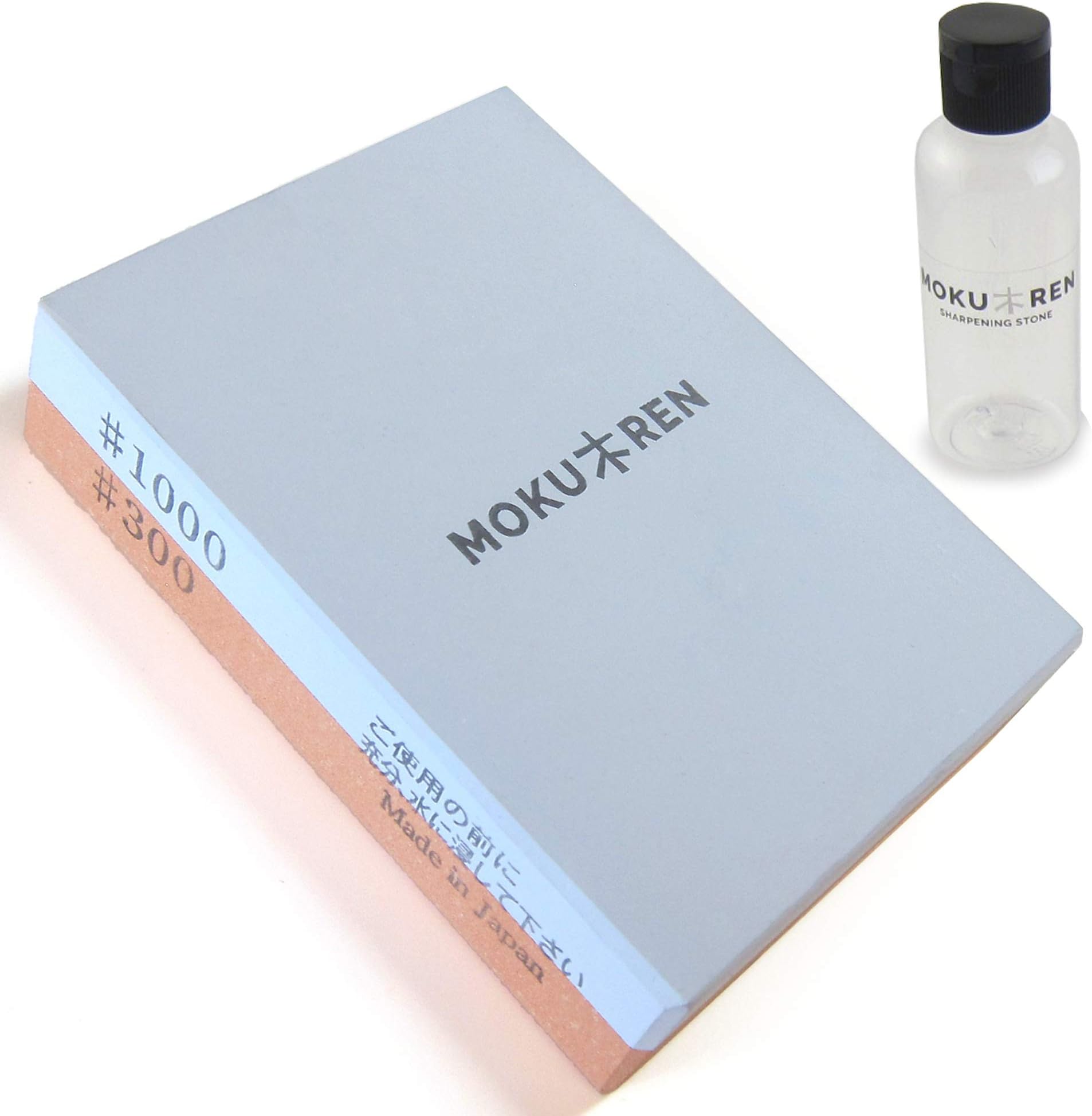 MOKUREN Japanese Knife Sharpening Whetstone Set; A Water Stone Dual Grid 300/1000 with Water Bottle, Silicon Base, Illustrated Instruction Kit in designers giftable box