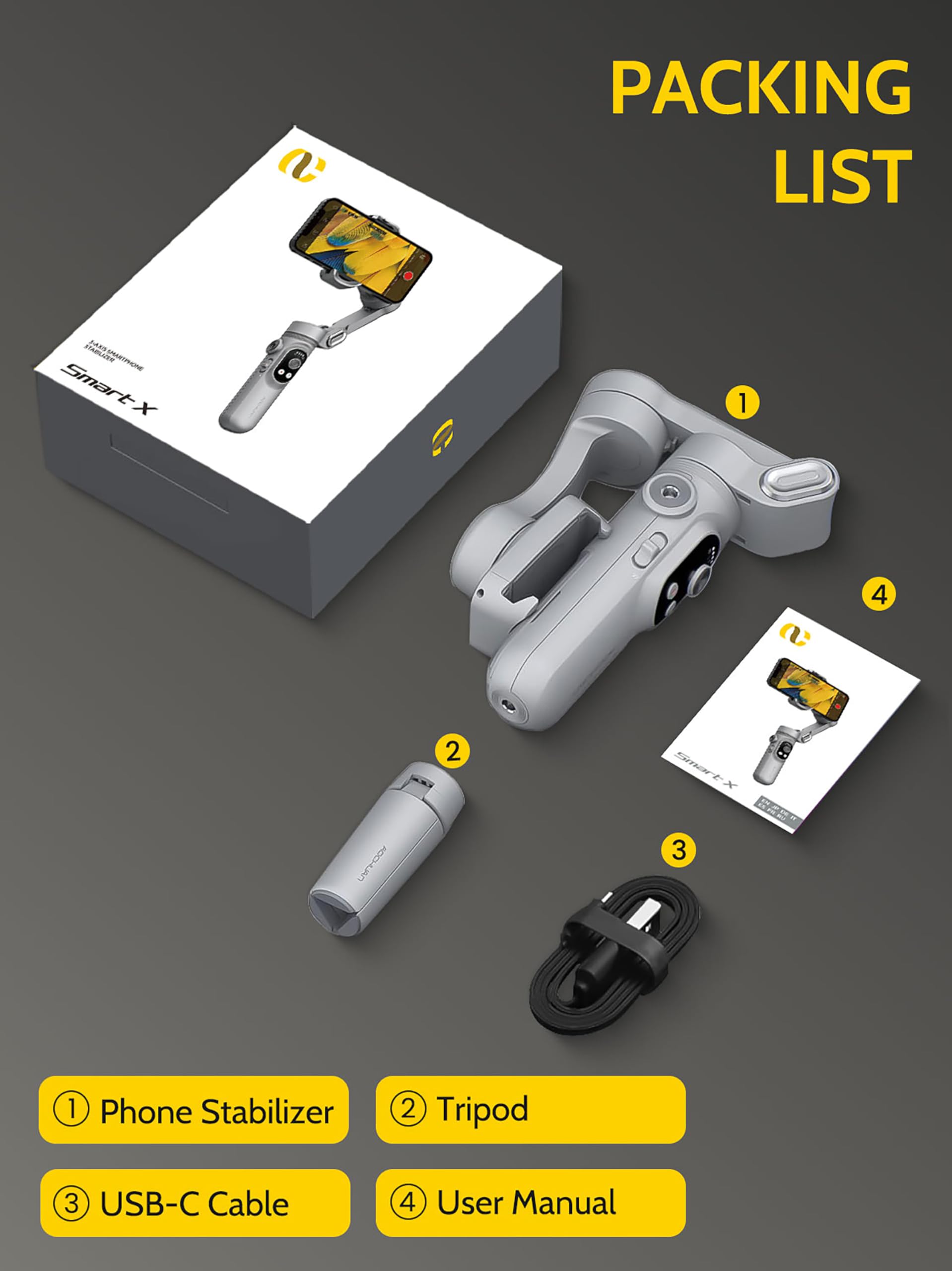 AOCHUAN Gimbal-Stabilisator für Smartphone,3-Achsen-Gimbal Anti-Shake für iPhone 16/15 Pro Android mit integriertem LED-Licht,1/4-Zoll-Gewinde,tragbarer Telefonhalter für TikTok-Smart X Grau