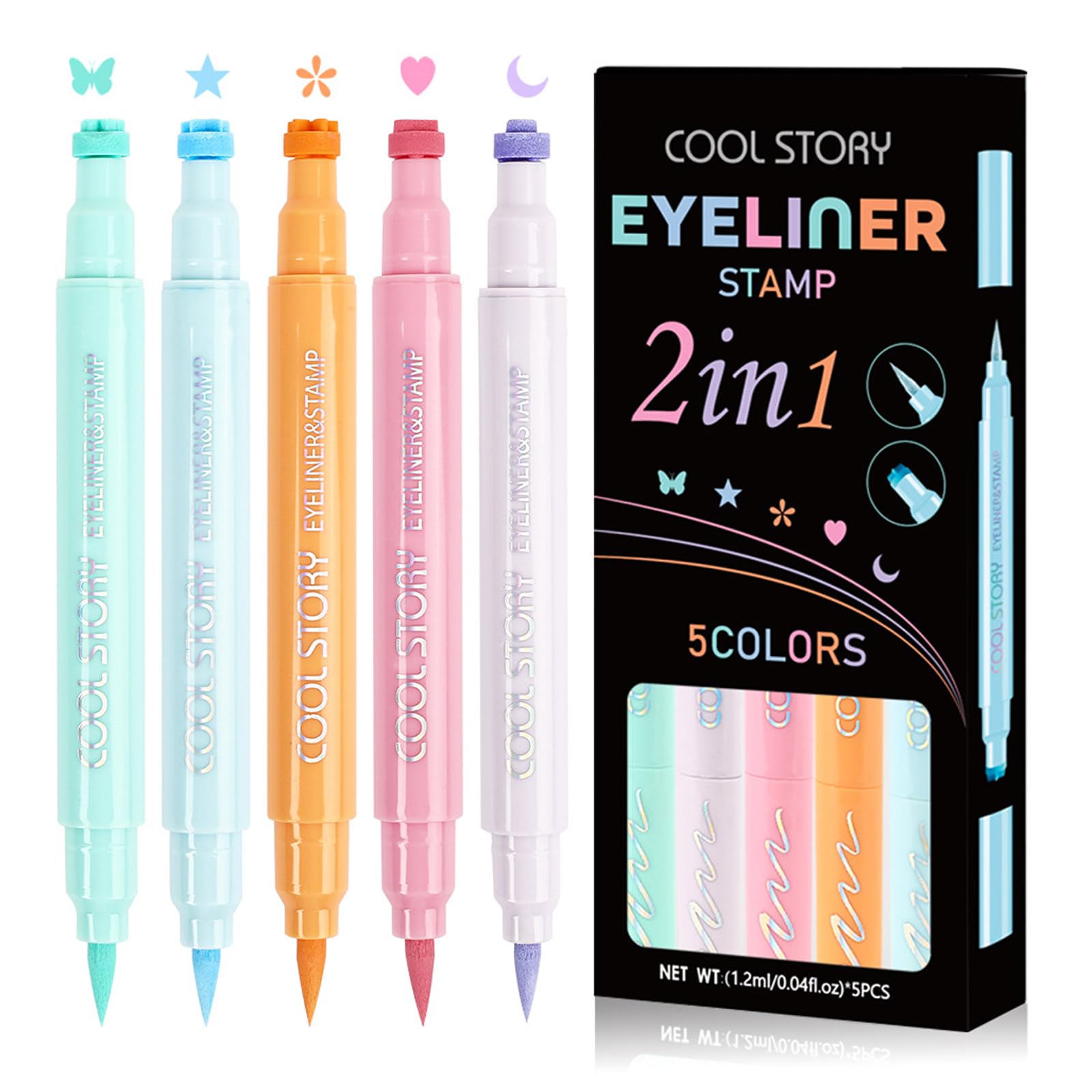 COOL STORY 5 pcs Liquid Stamp Eyeliner - Waterproof Colored Felt Tip Eyeliners, Face Stamp Double Head Glossy Eye Liner with Star, Heart, Moon, Butterfly Stamps - Mixed Color Slim Wingliner