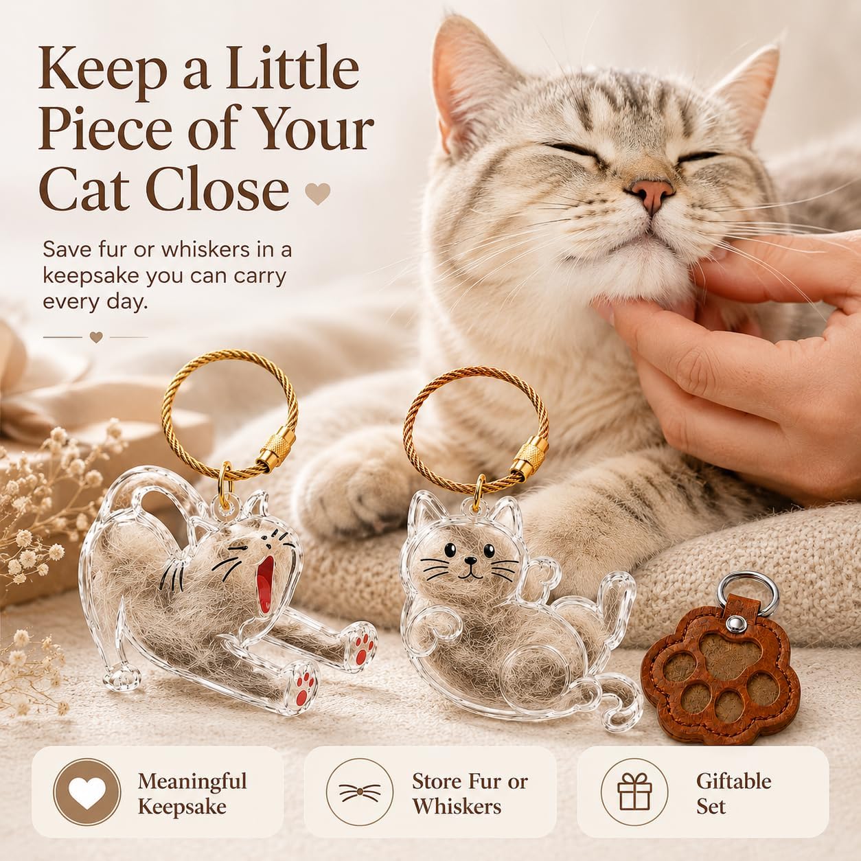 Cat Hair Keychain Keepsake Set, 3 Cat Fur Keepsake Charms for Fur/Whiskers with Pet Comb, Tweezers, 2 Heart Keyrings, Clear Storage Case, Furever Gift for Pet Lovers image 2